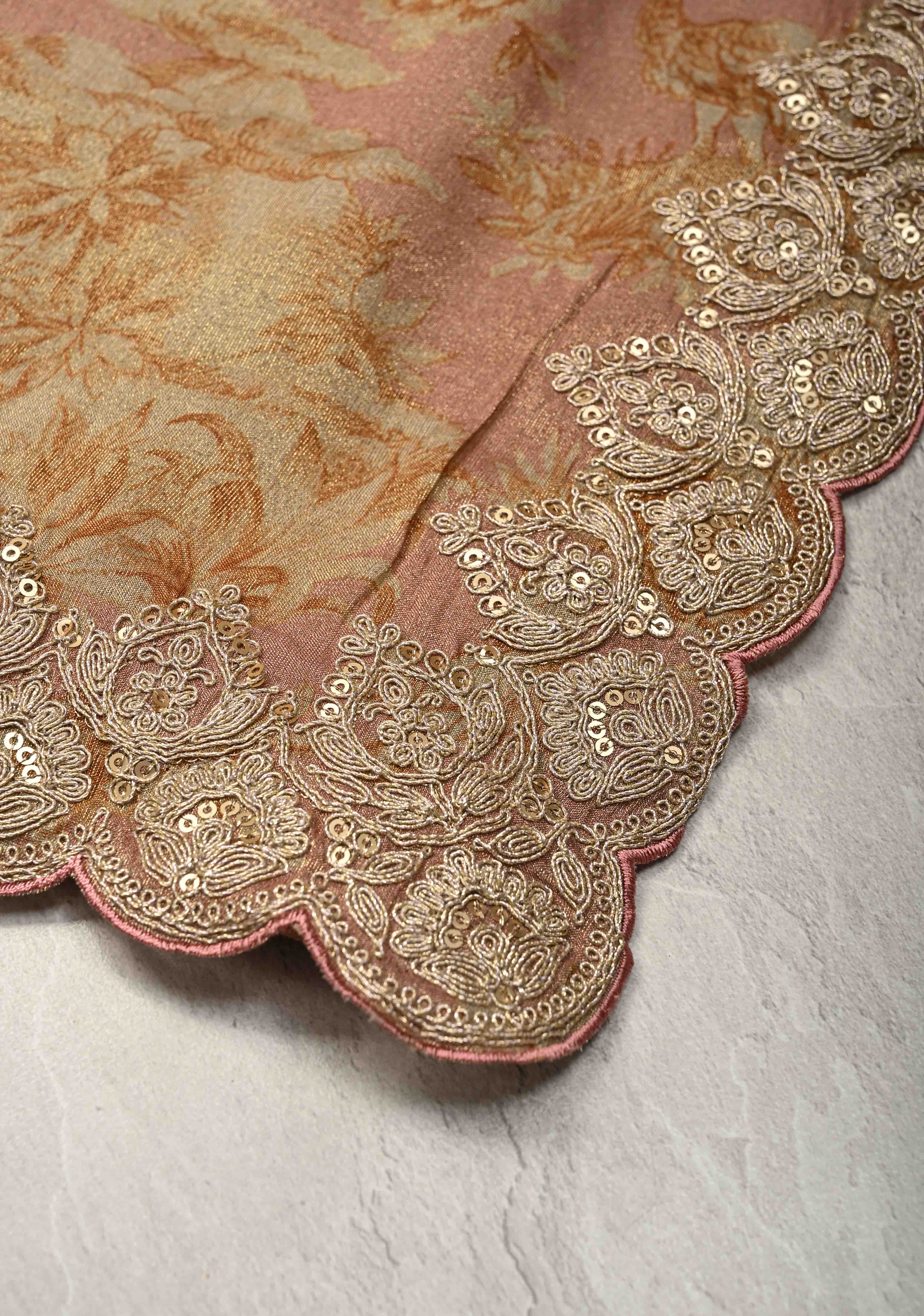 Dusty Rose Vegan Viscose Tissue Saree with Printed Toile Pattern and Cord Pitta Embroidery Scallop Border | Shobitam