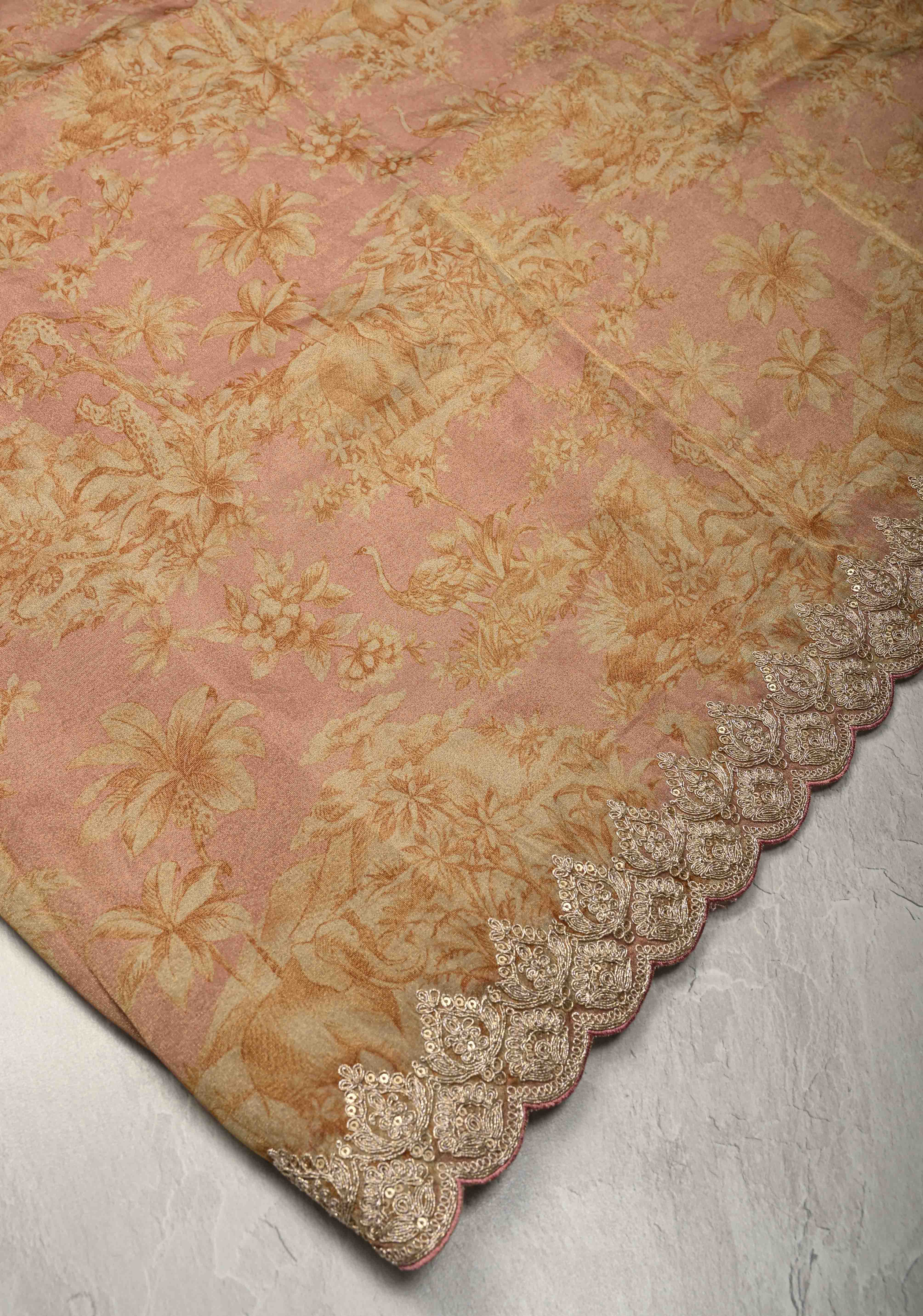 Dusty Rose Vegan Viscose Tissue Saree with Printed Toile Pattern and Cord Pitta Embroidery Scallop Border | Shobitam