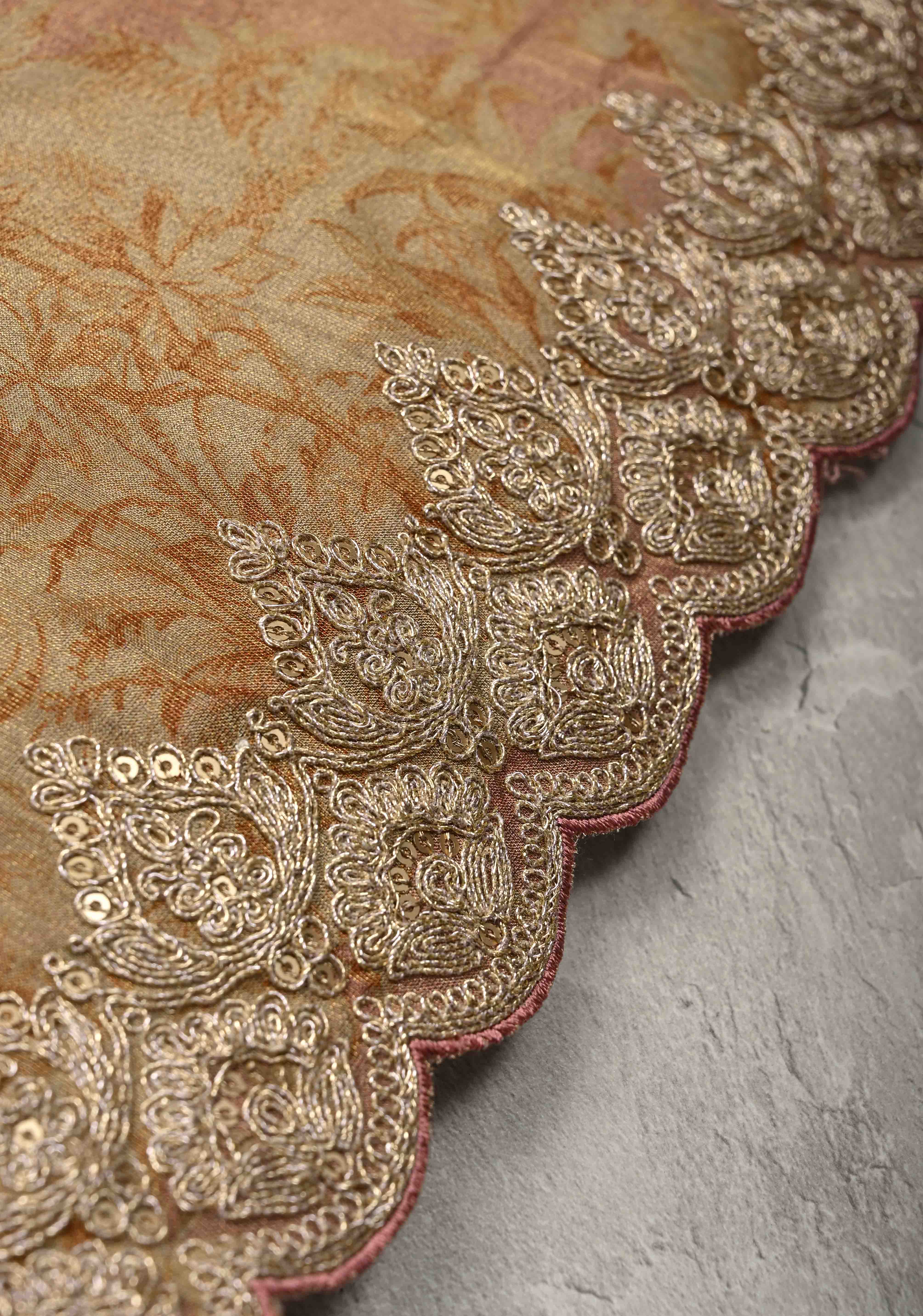 Dusty Rose Vegan Viscose Tissue Saree with Printed Toile Pattern and Cord Pitta Embroidery Scallop Border | Shobitam