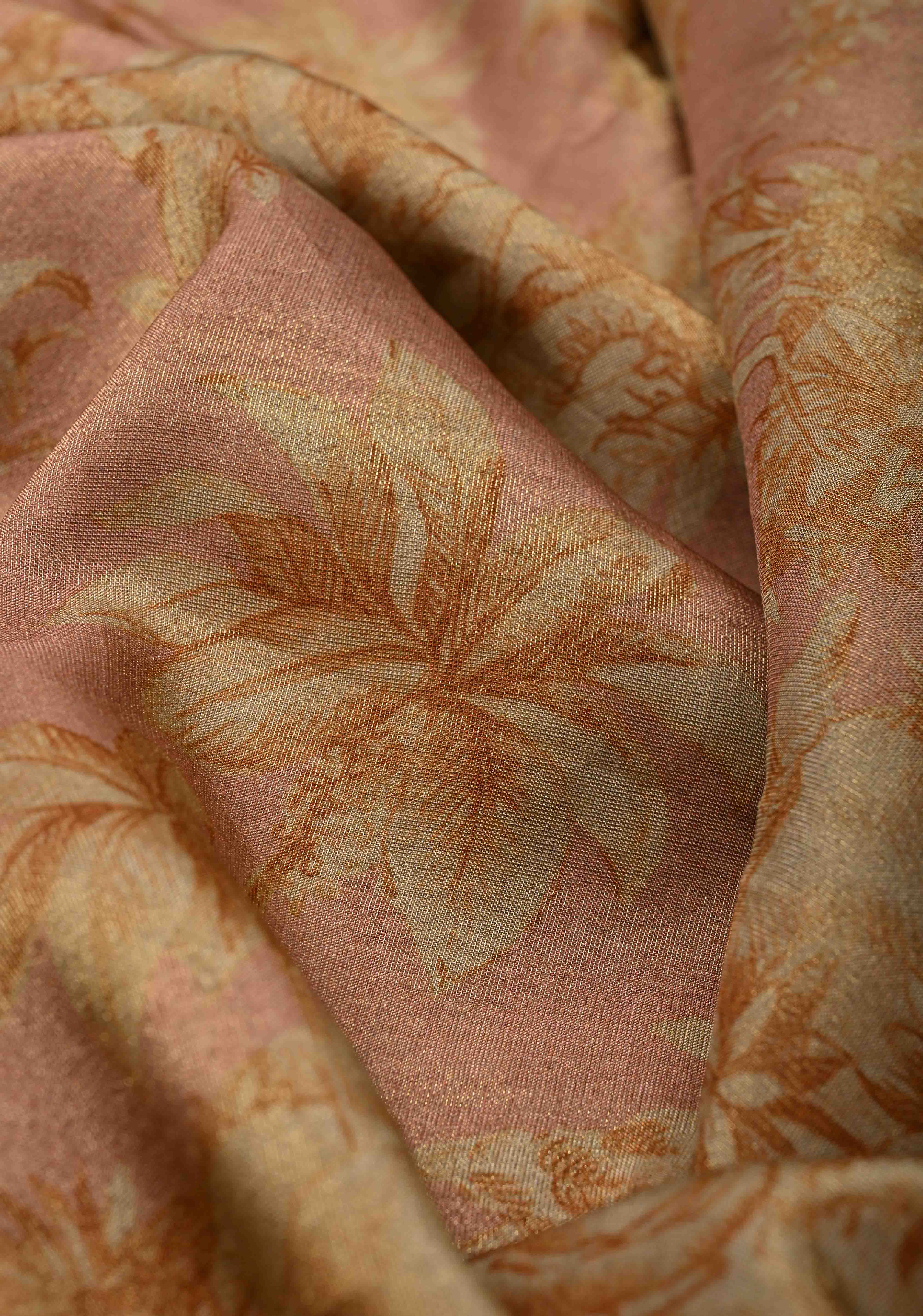 Dusty Rose Vegan Viscose Tissue Saree with Printed Toile Pattern and Cord Pitta Embroidery Scallop Border | Shobitam