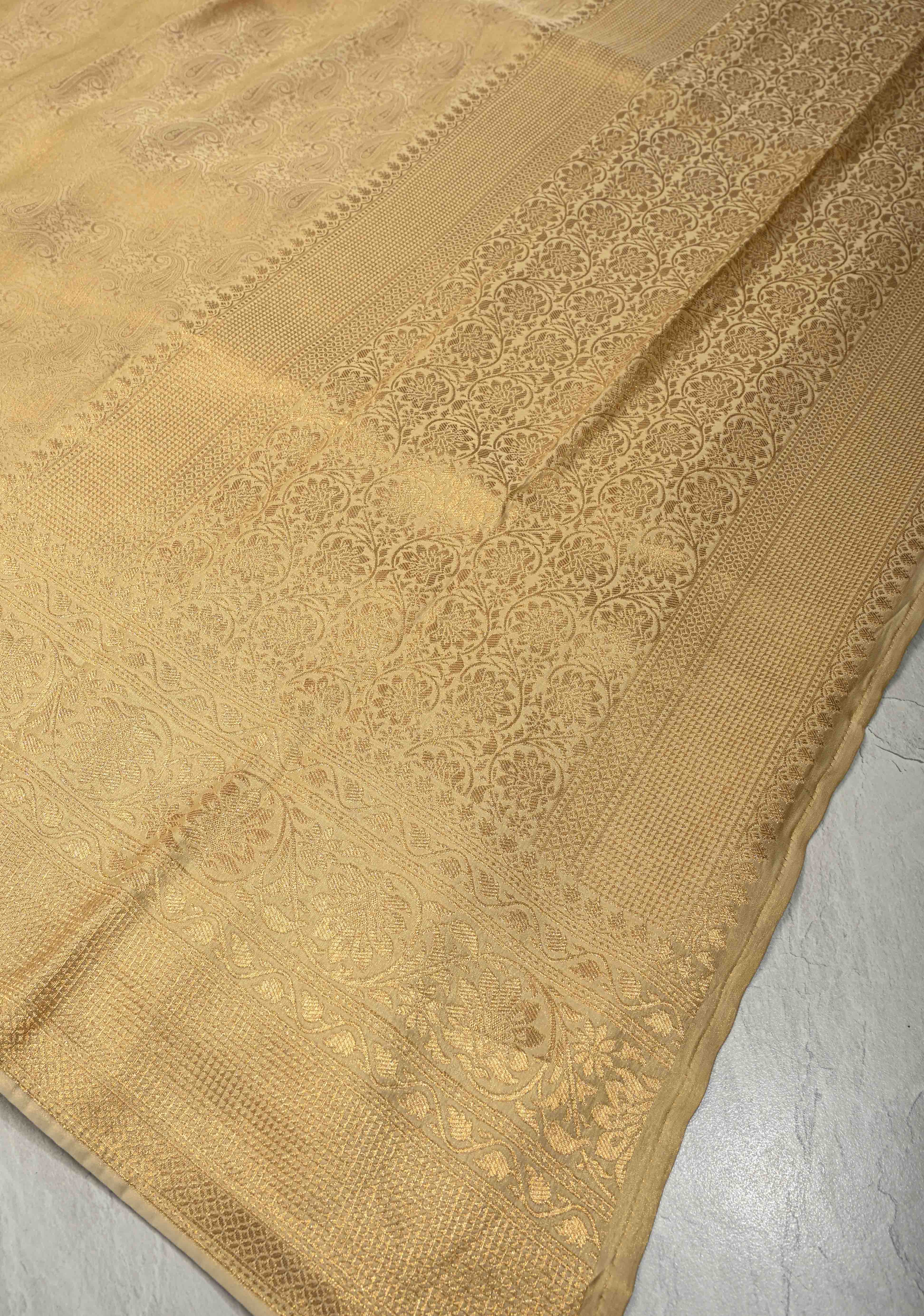 Beige Vegan Viscose Silk Saree with Paisley Brocade and Zari Border | Shobitam