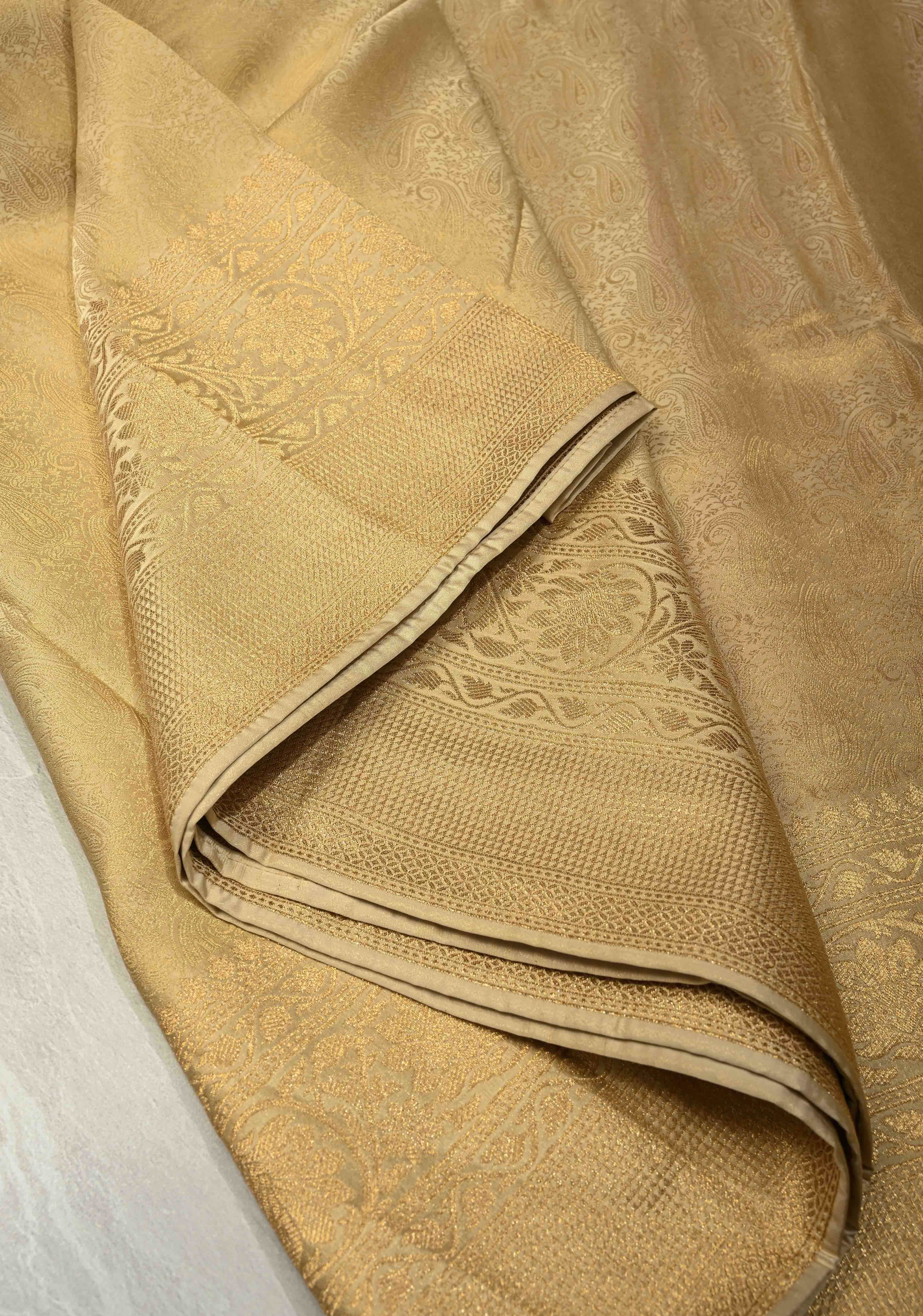 Beige Vegan Viscose Silk Saree with Paisley Brocade and Zari Border | Shobitam