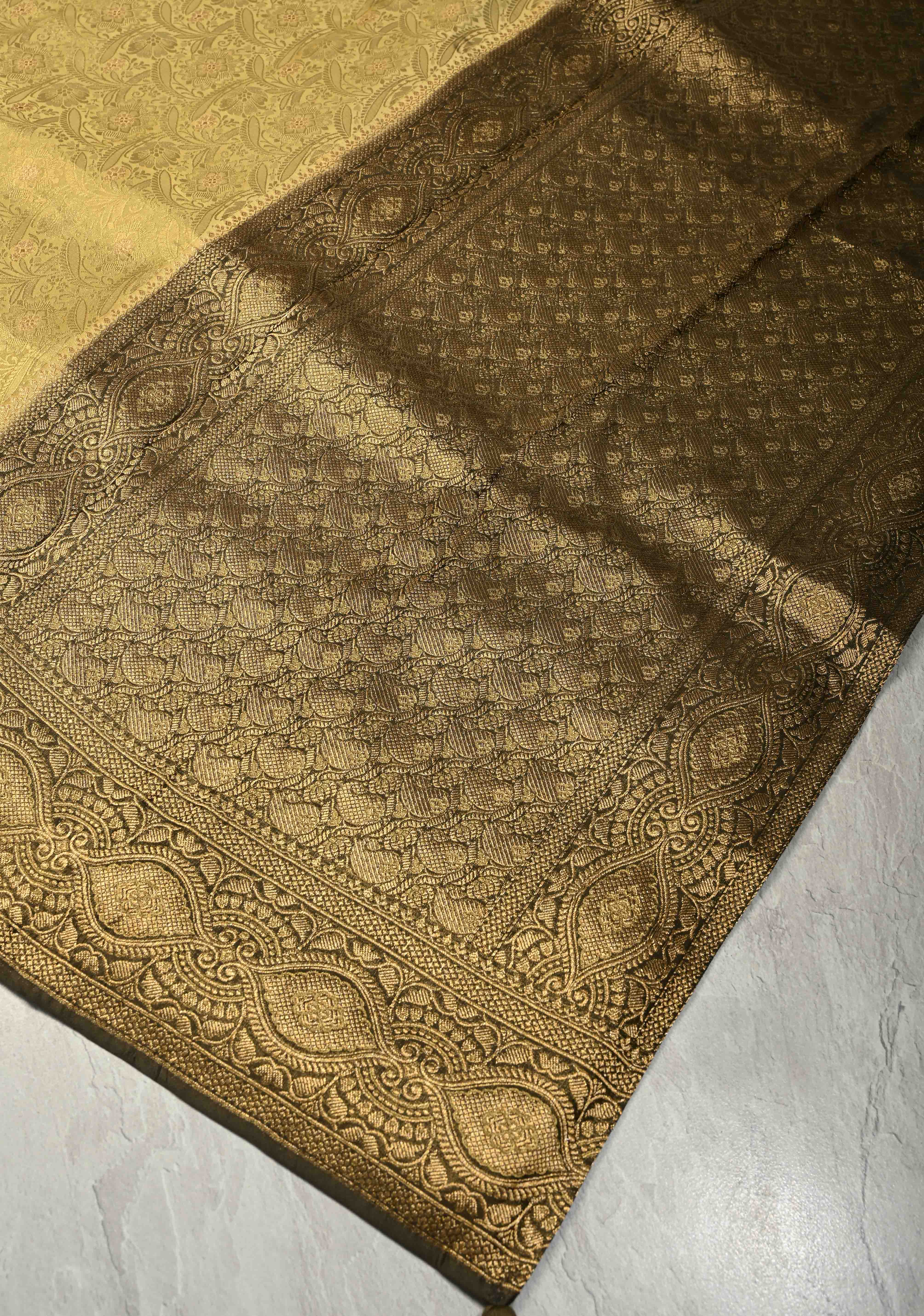 Butter Yellow Floral Brocade Vegan Viscose Silk Saree with Contrast Zari Border | Shobitam