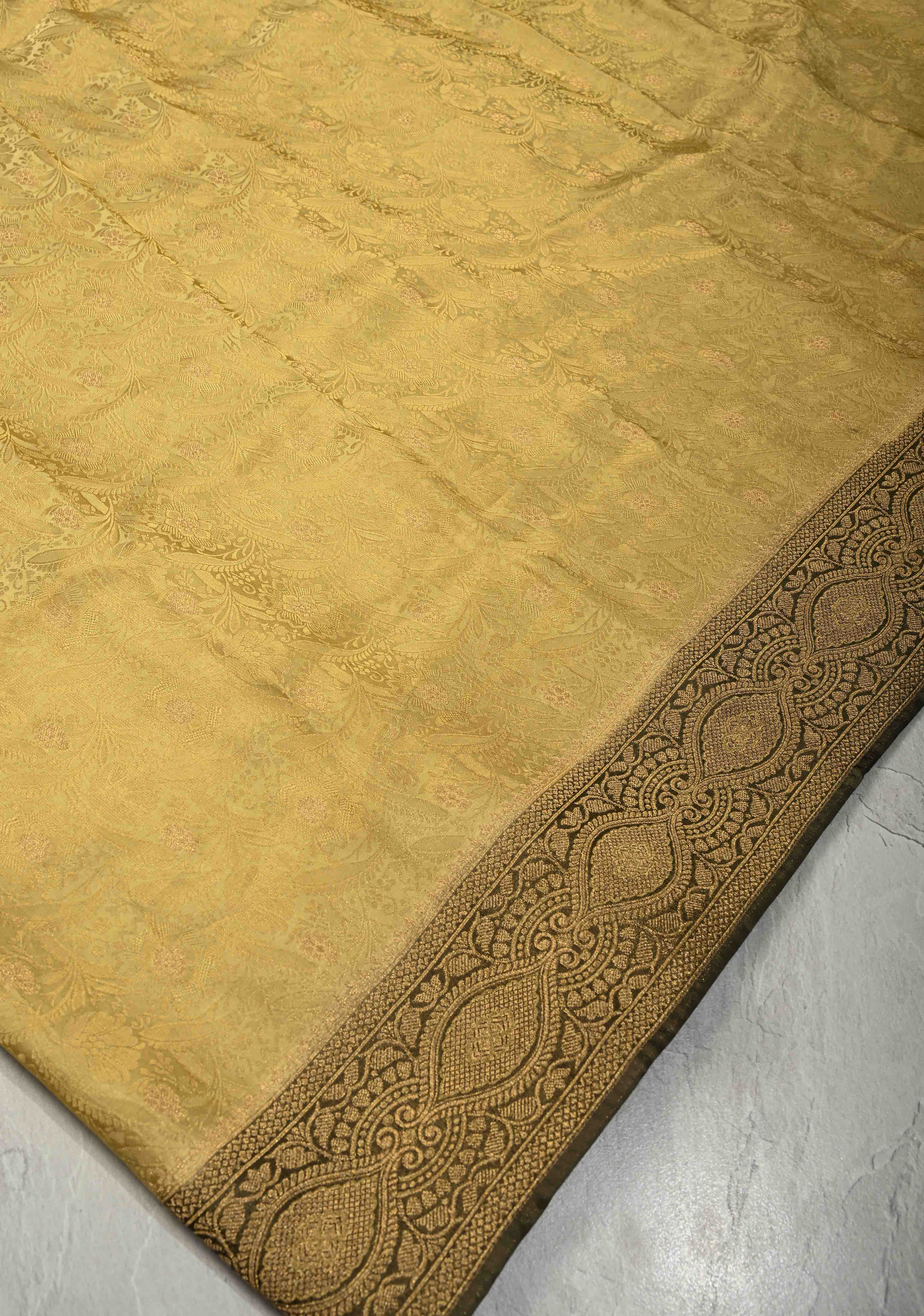 Butter Yellow Floral Brocade Vegan Viscose Silk Saree with Contrast Zari Border | Shobitam