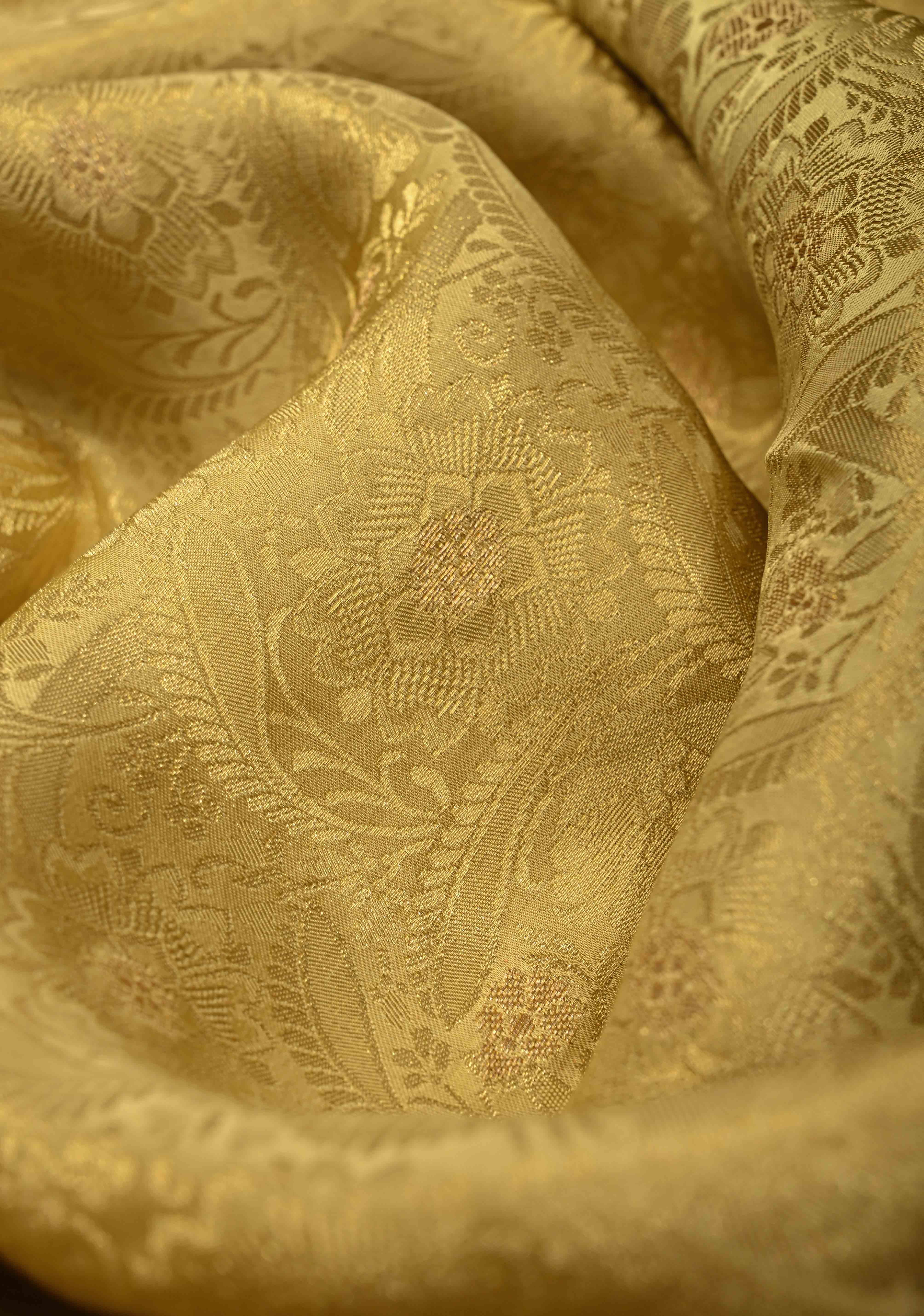 Butter Yellow Floral Brocade Vegan Viscose Silk Saree with Contrast Zari Border | Shobitam
