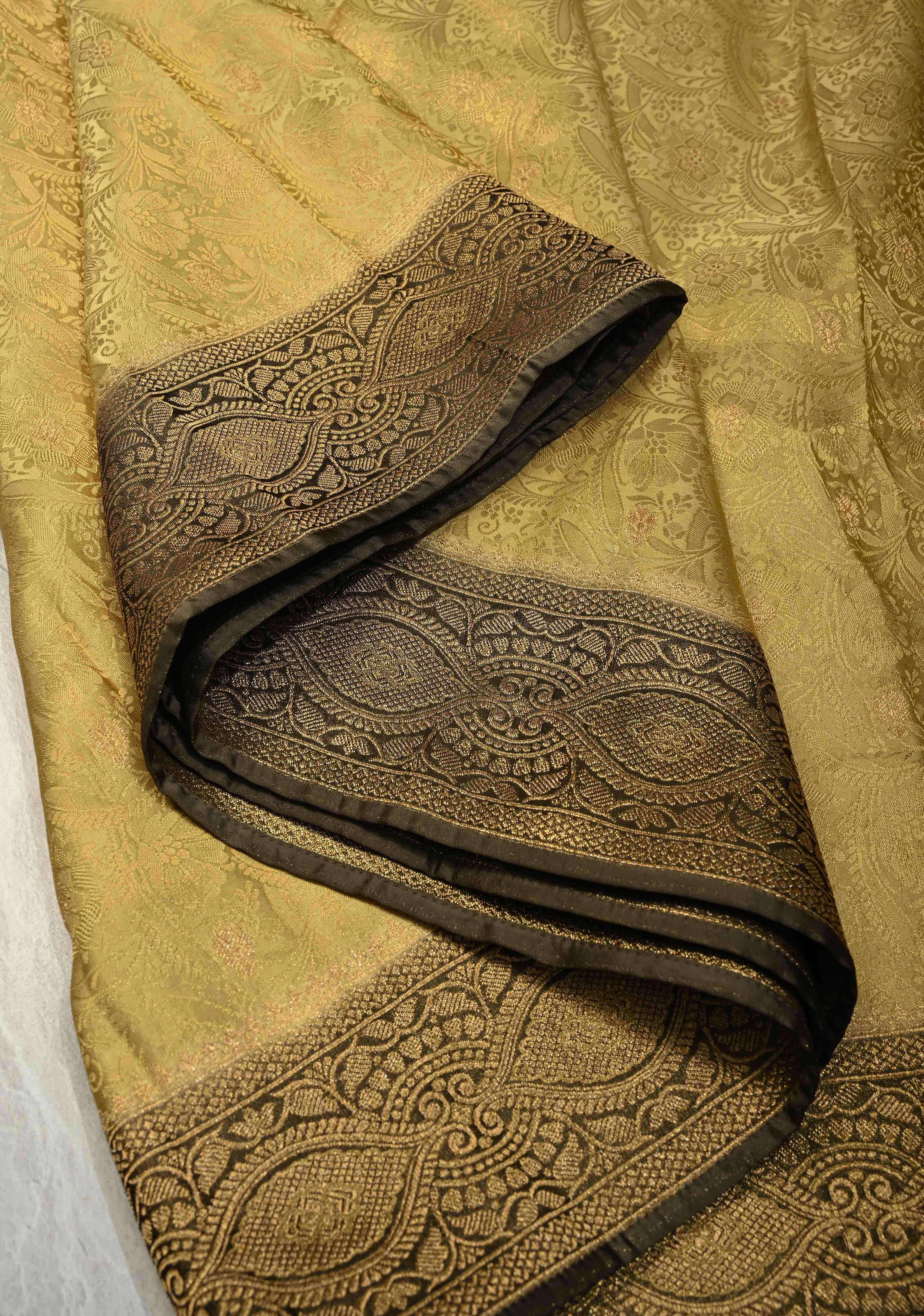 Butter Yellow Floral Brocade Vegan Viscose Silk Saree with Contrast Zari Border | Shobitam