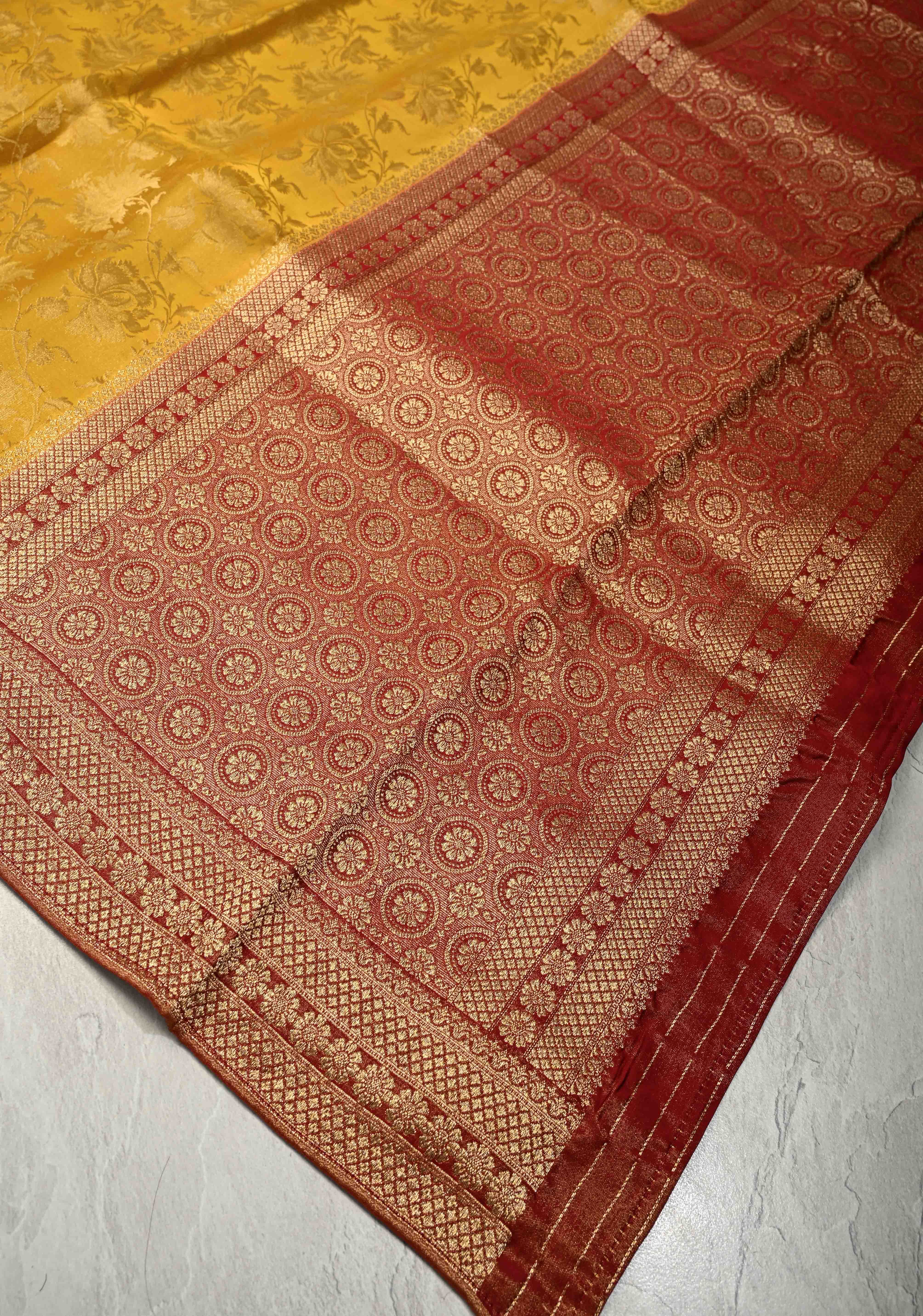 Sunflower Yellow Vegan Viscose Silk Saree with Floral Brocade and Contrast Zari Border | Shobitam