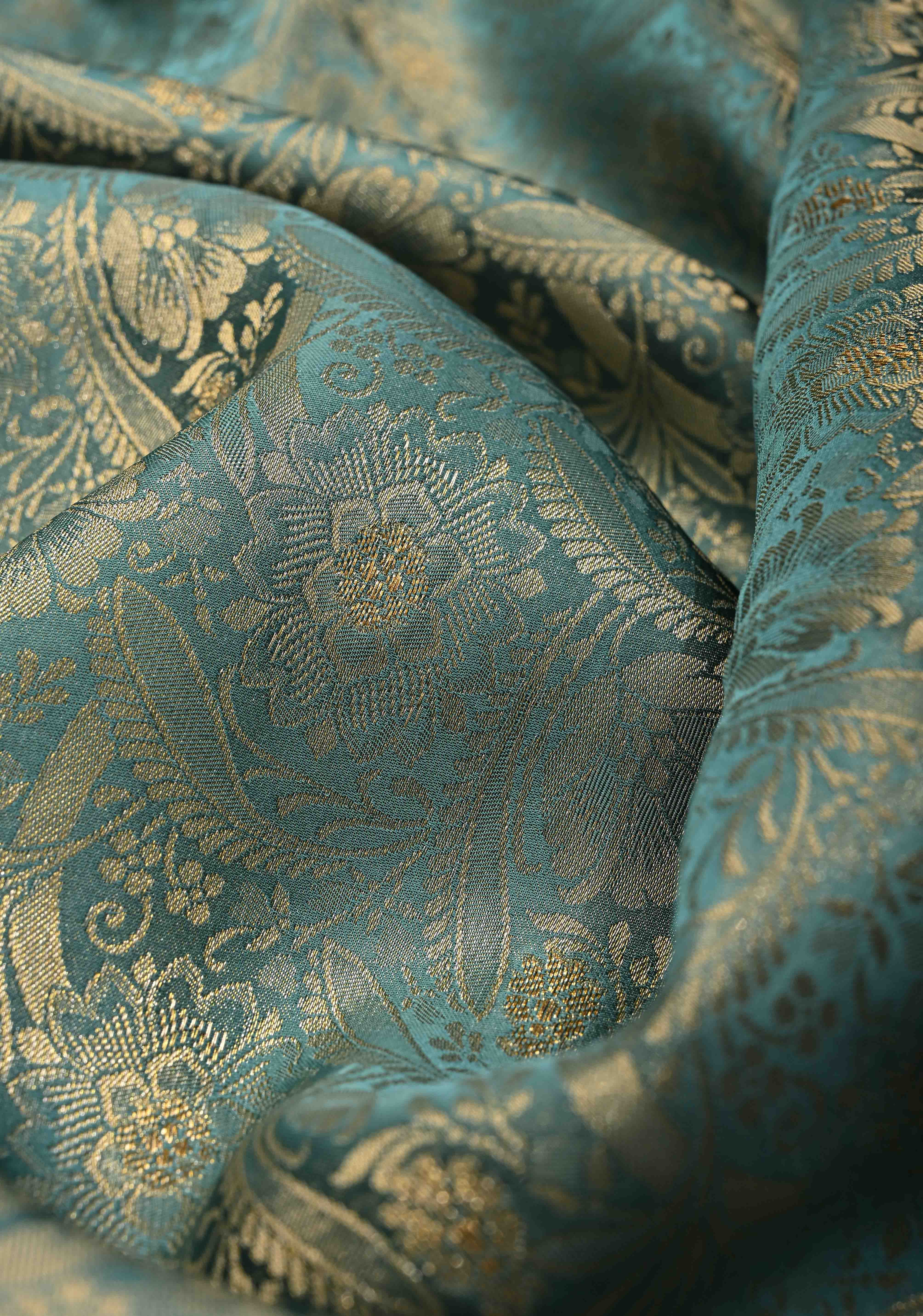 Neon Teal Vegan Viscose Silk Saree with Floral Brocade Jaal and Zari Border | SHOBITAM