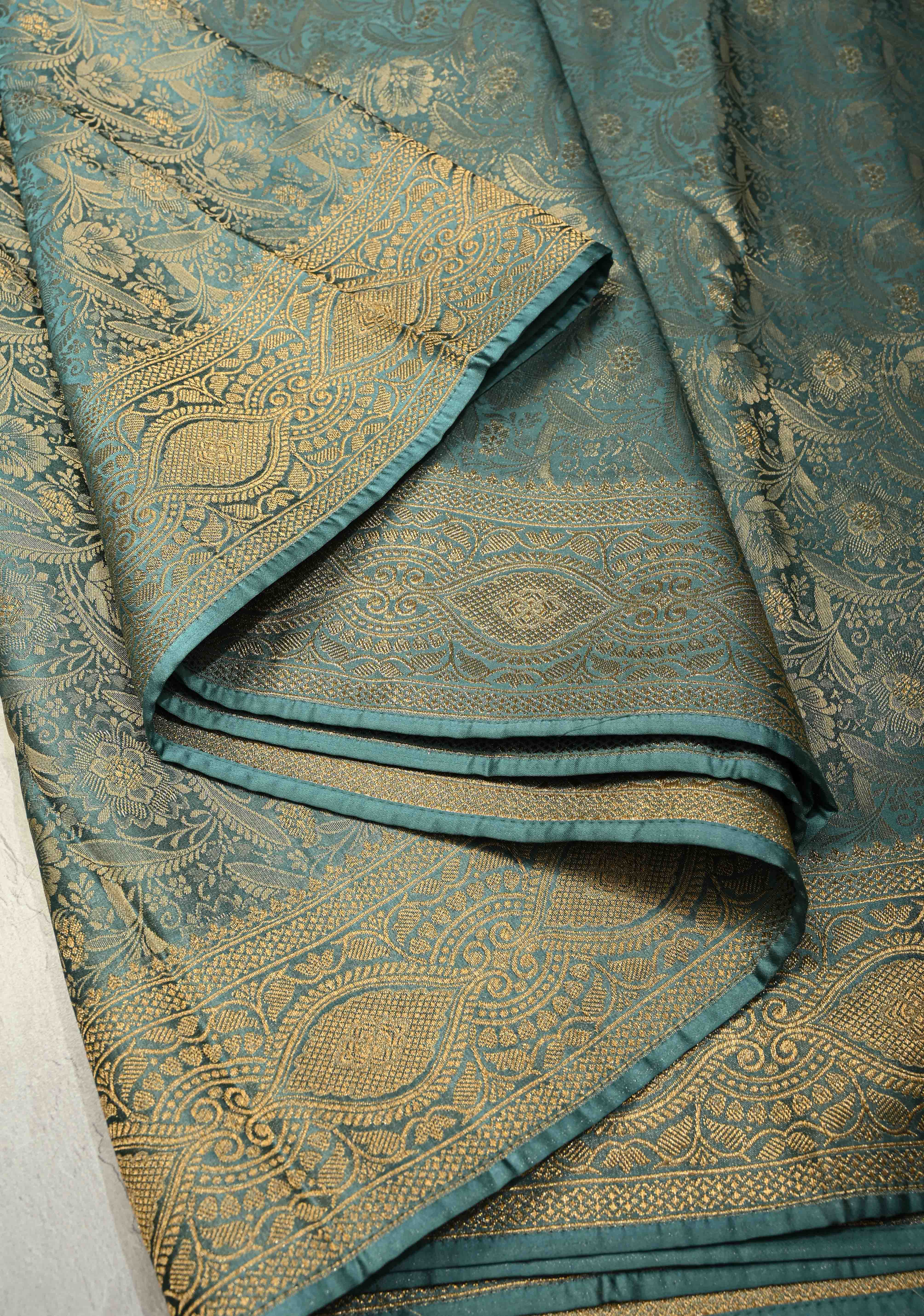 Neon Teal Vegan Viscose Silk Saree with Floral Brocade Jaal and Zari Border | SHOBITAM