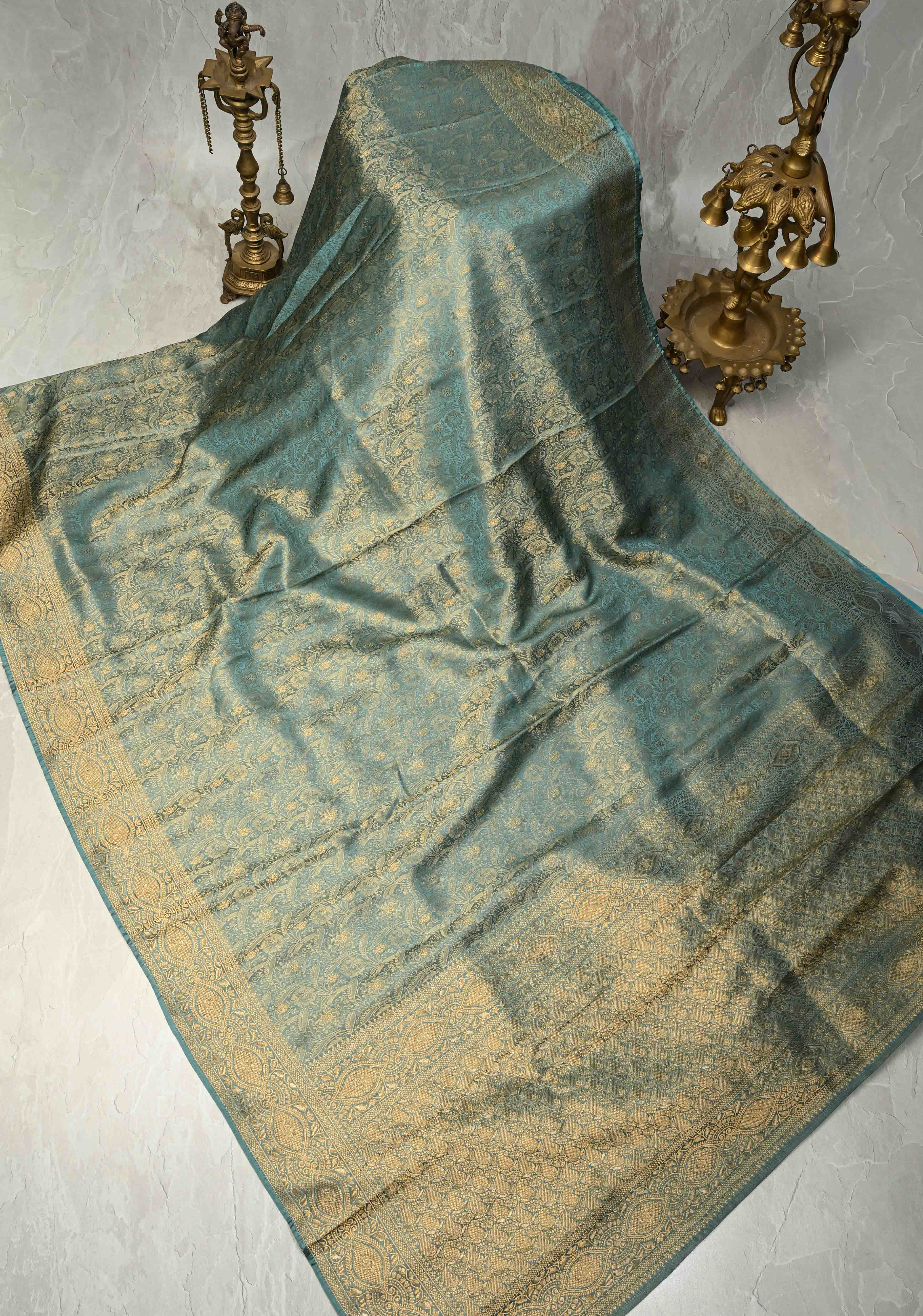 Neon Teal Vegan Viscose Silk Saree with Floral Brocade Jaal and Zari Border | SHOBITAM