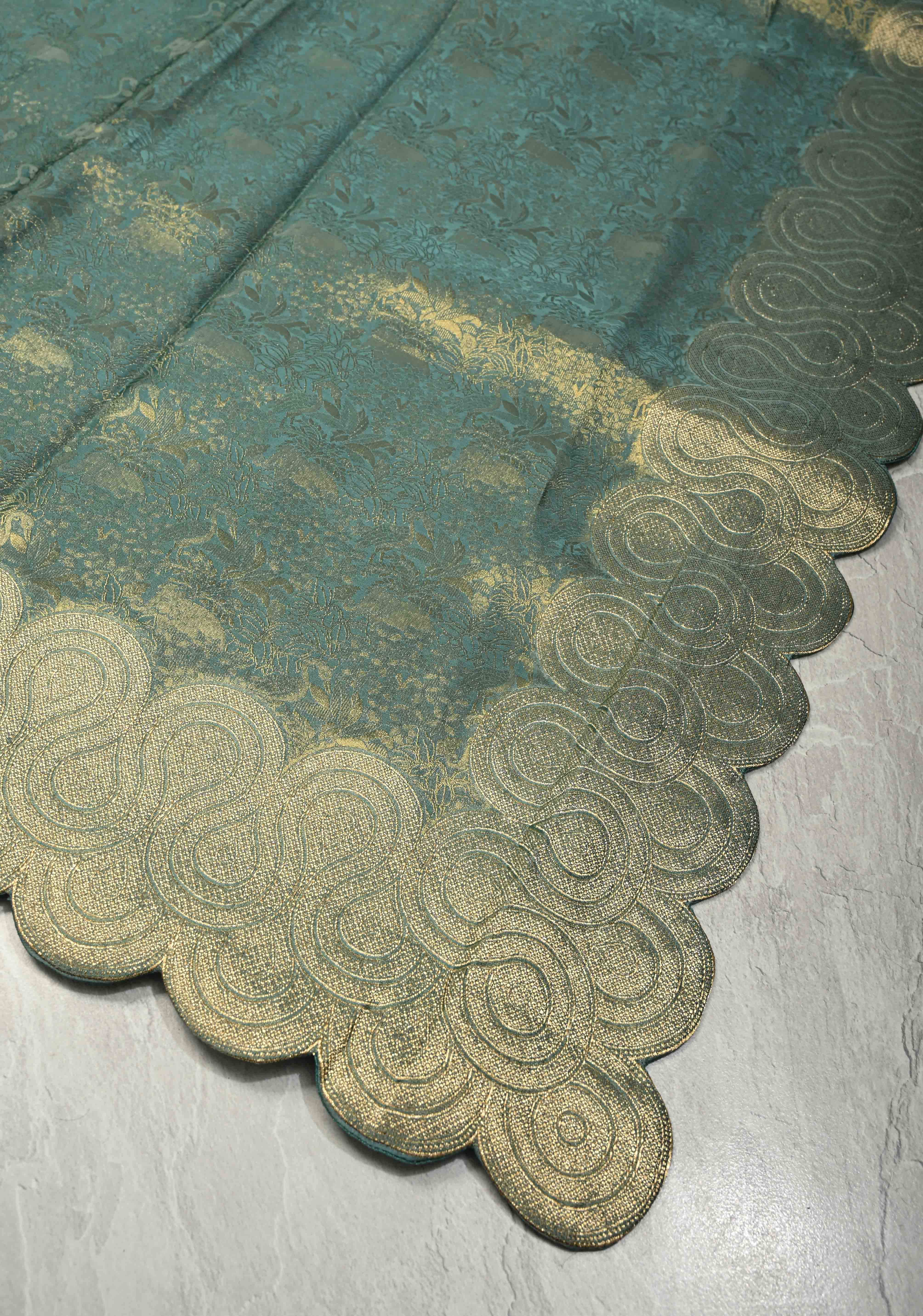 Turquoise Sea Green Vegan Viscose Silk Saree with Vanasingaram Brocade and Scallop Border | Shobitam