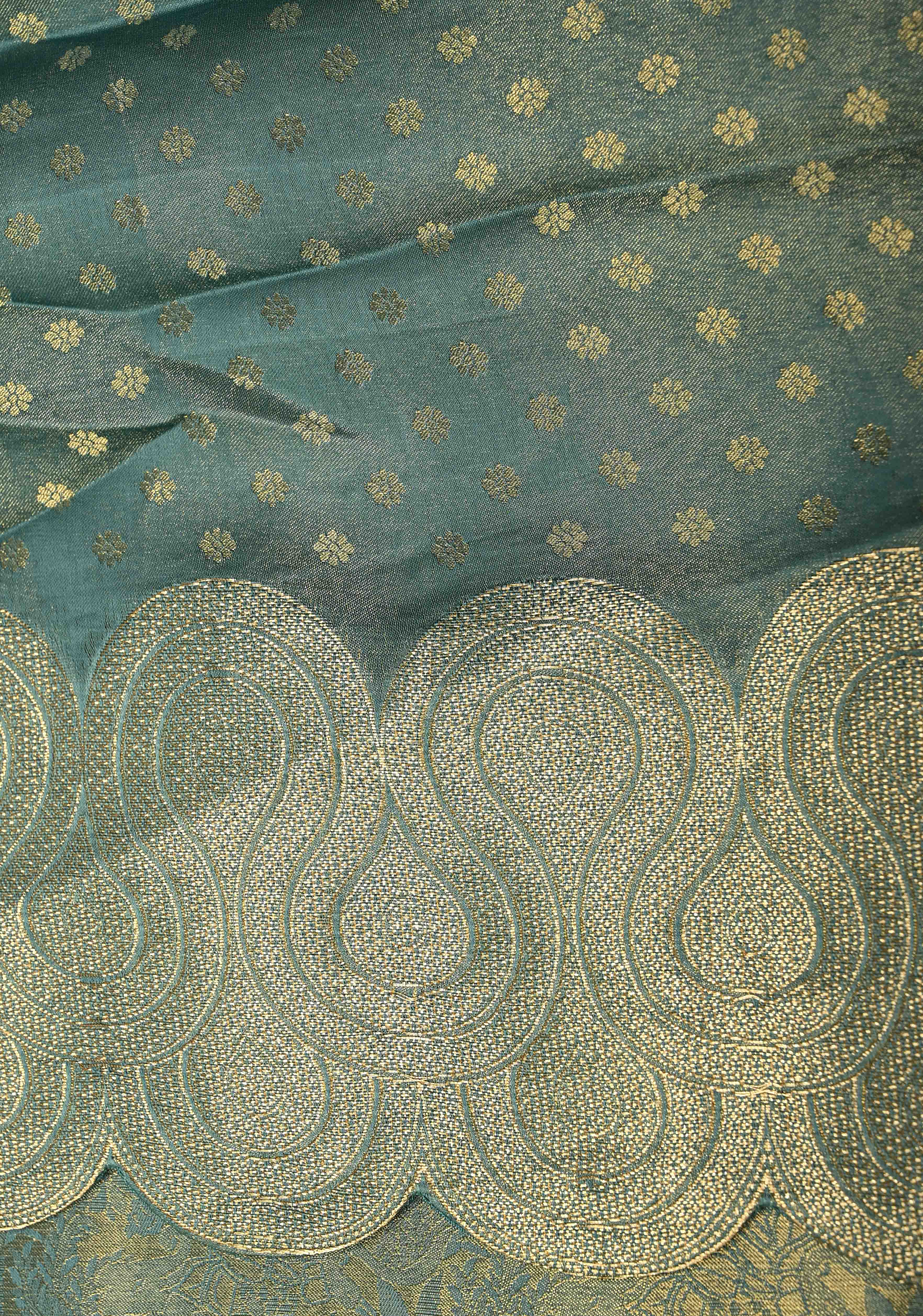 Turquoise Sea Green Vegan Viscose Silk Saree with Vanasingaram Brocade and Scallop Border | Shobitam