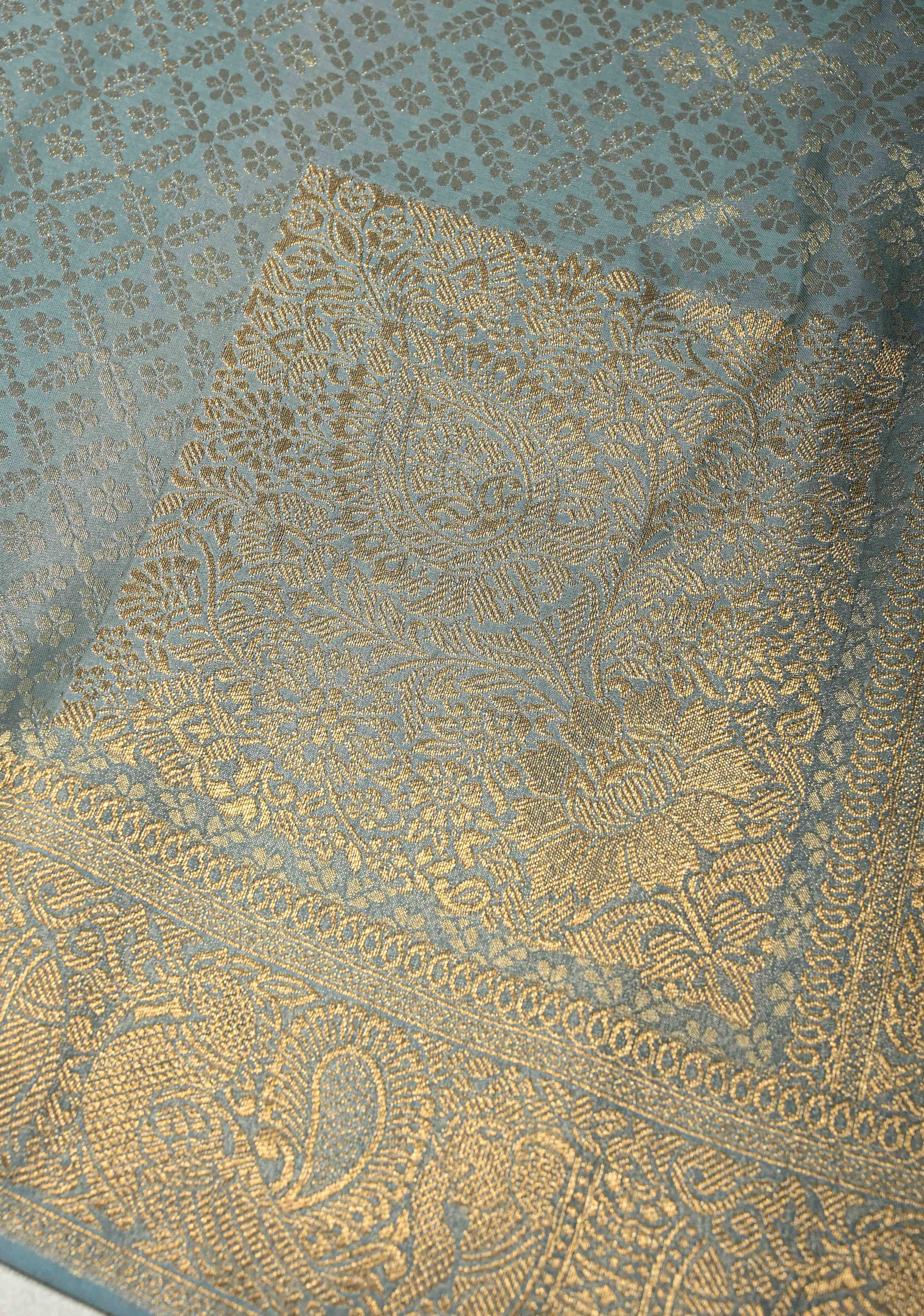Powder Blue Vegan Viscose Silk Saree with Floral Jaal and Zari Border | Shobitam