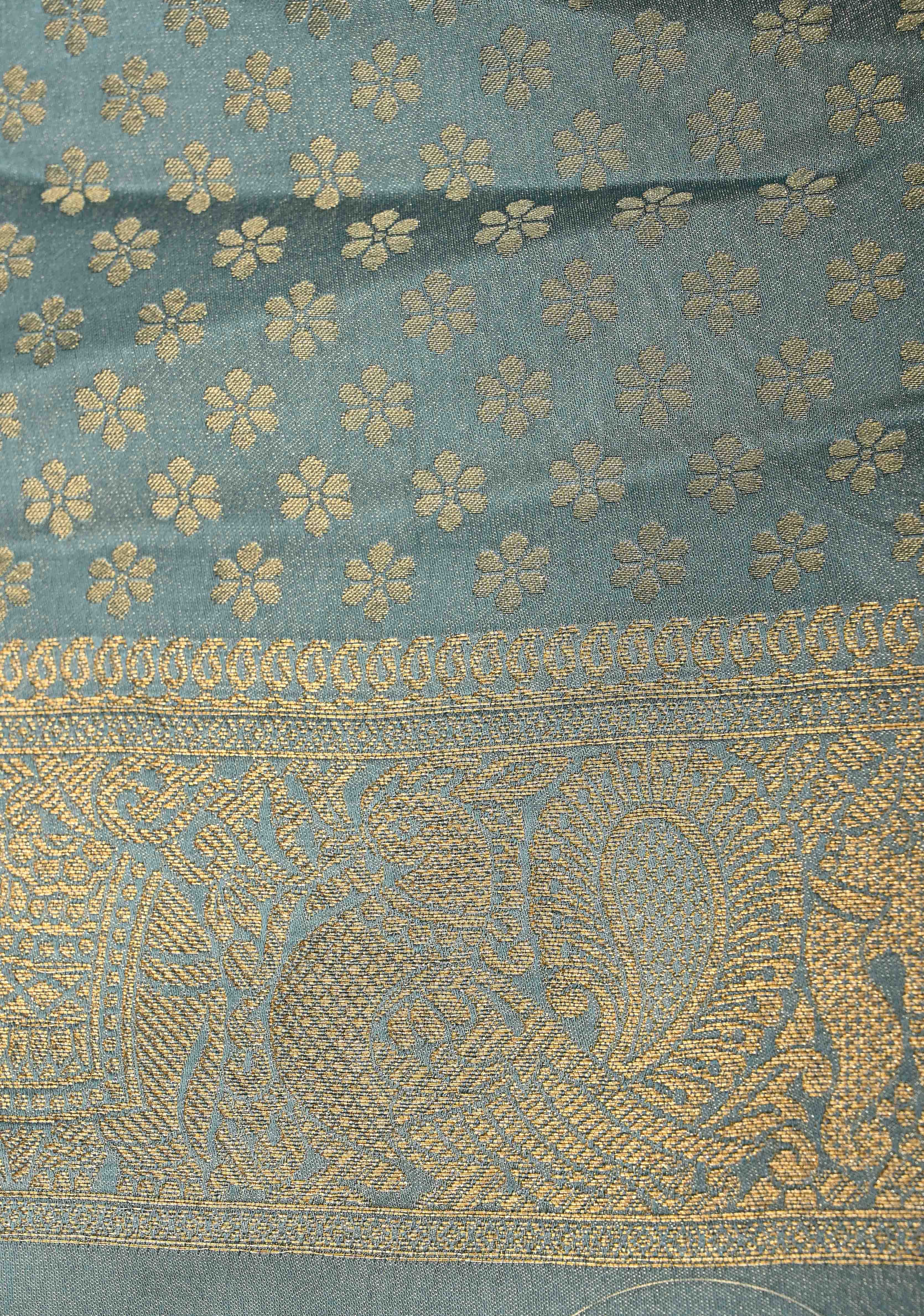 Powder Blue Vegan Viscose Silk Saree with Floral Jaal and Zari Border | Shobitam