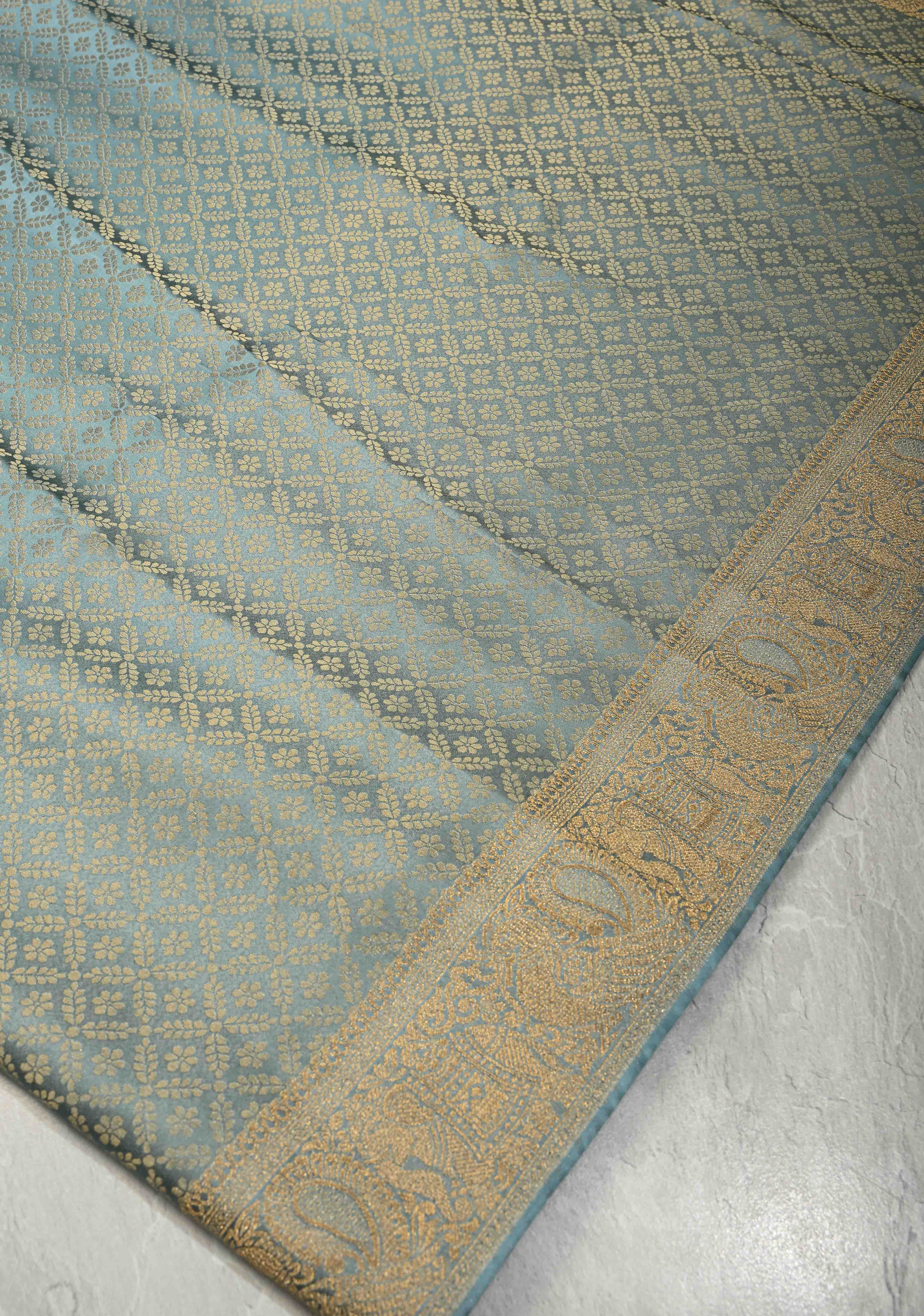 Powder Blue Vegan Viscose Silk Saree with Floral Jaal and Zari Border | Shobitam
