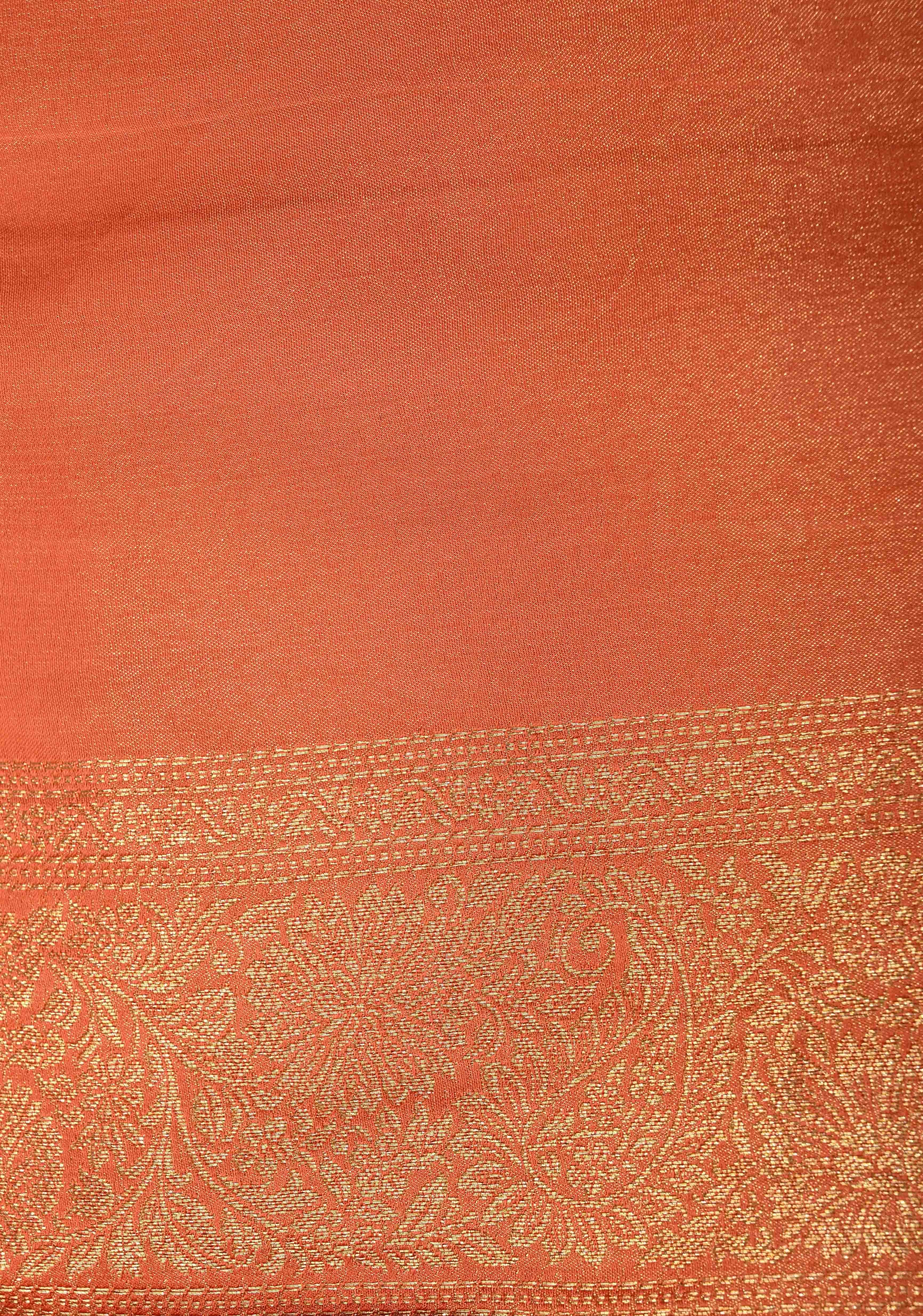 Flame Orange Vegan Viscose Silk Saree with Paisley Floral Brocade and Zari Border | Shobitam