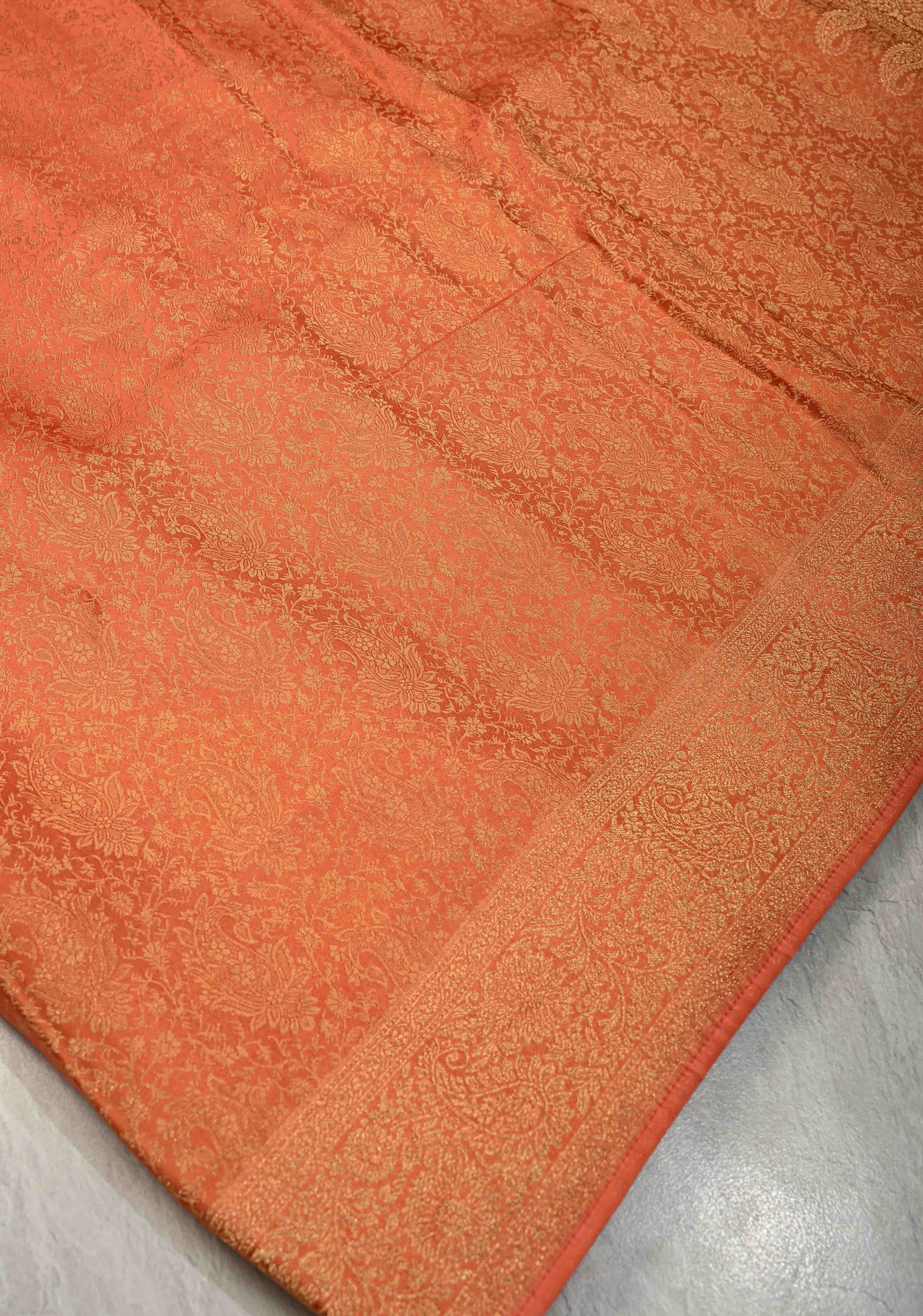 Flame Orange Vegan Viscose Silk Saree with Paisley Floral Brocade and Zari Border | Shobitam