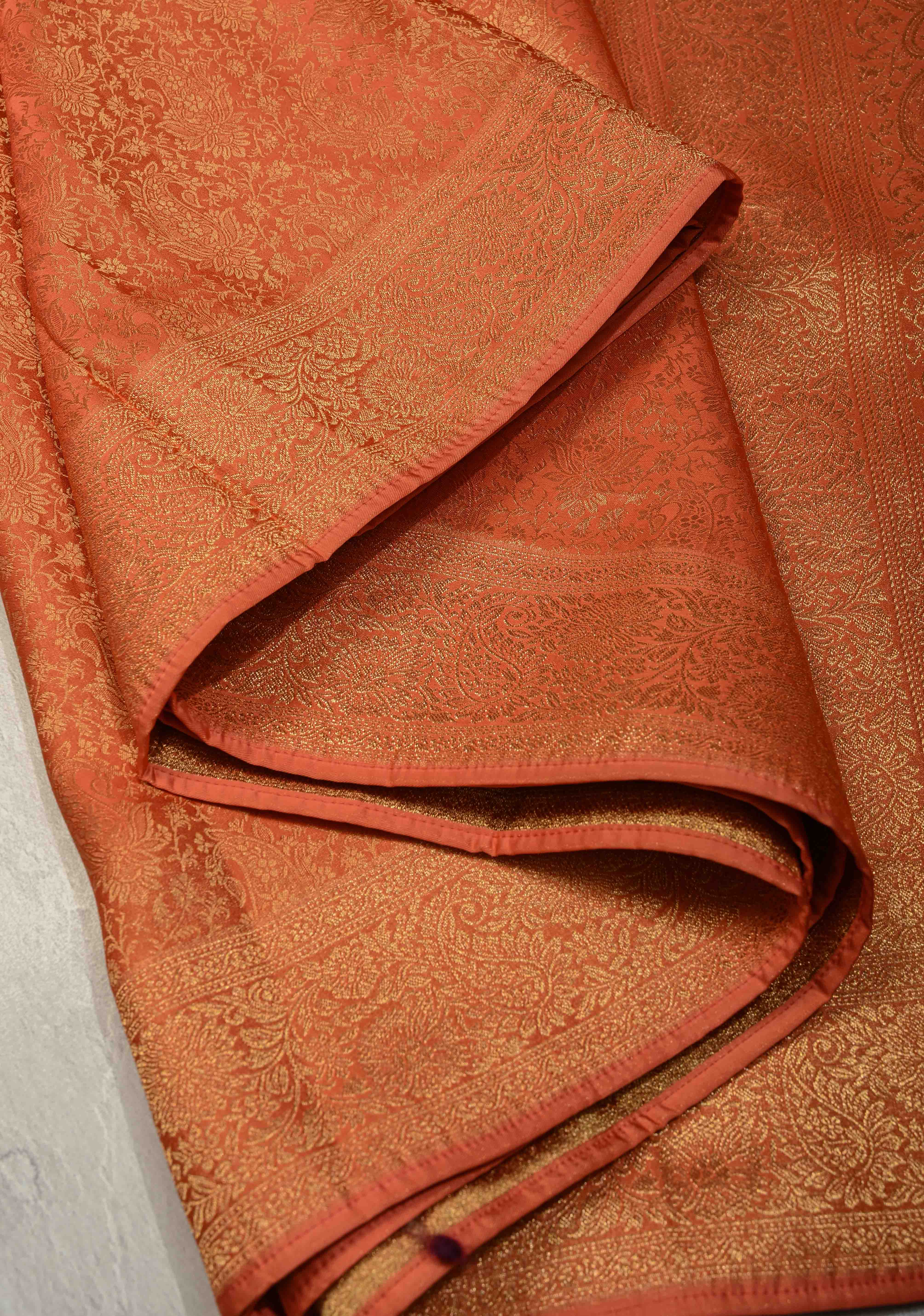 Flame Orange Vegan Viscose Silk Saree with Paisley Floral Brocade and Zari Border | Shobitam