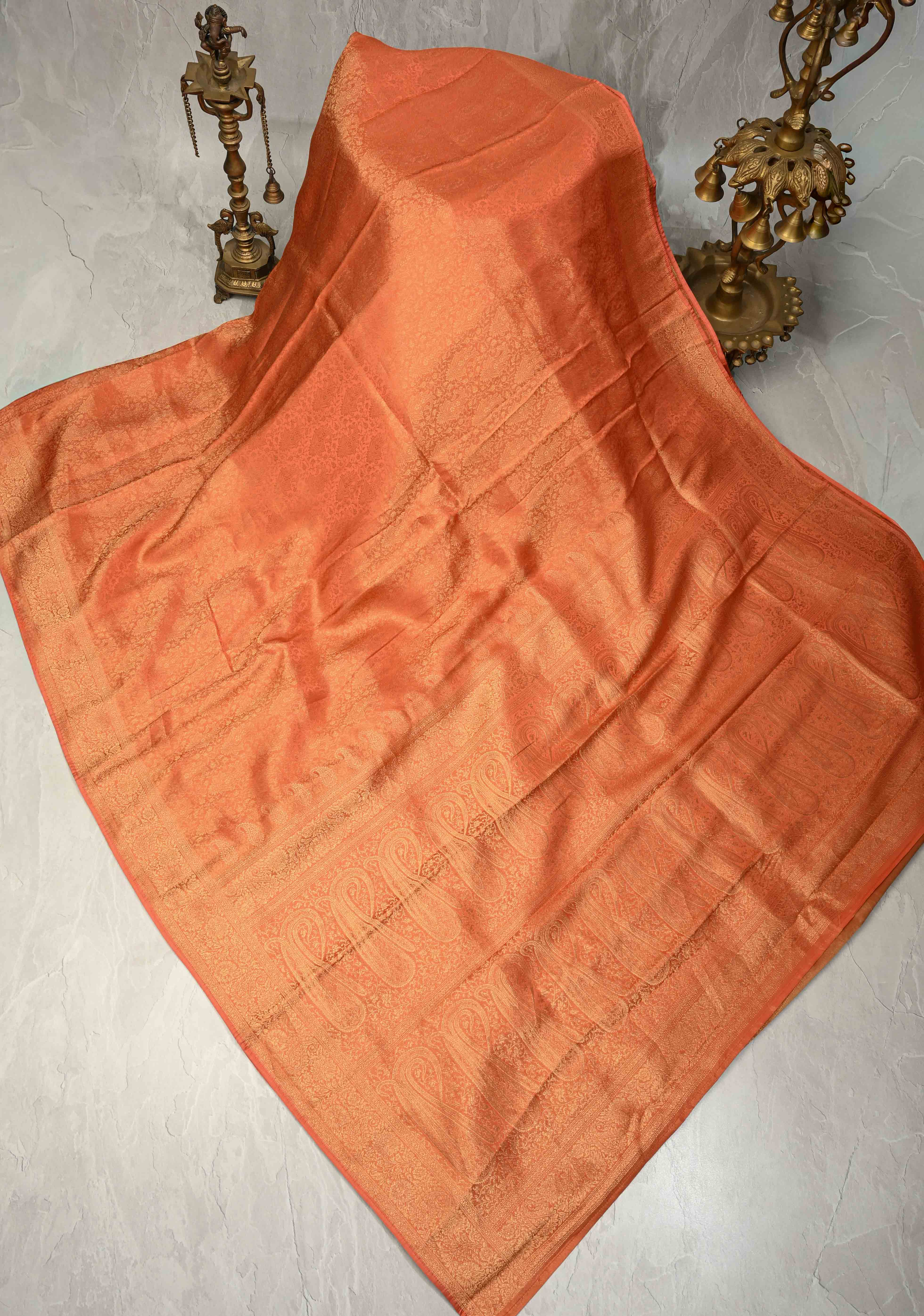 Flame Orange Vegan Viscose Silk Saree with Paisley Floral Brocade and Zari Border | Shobitam