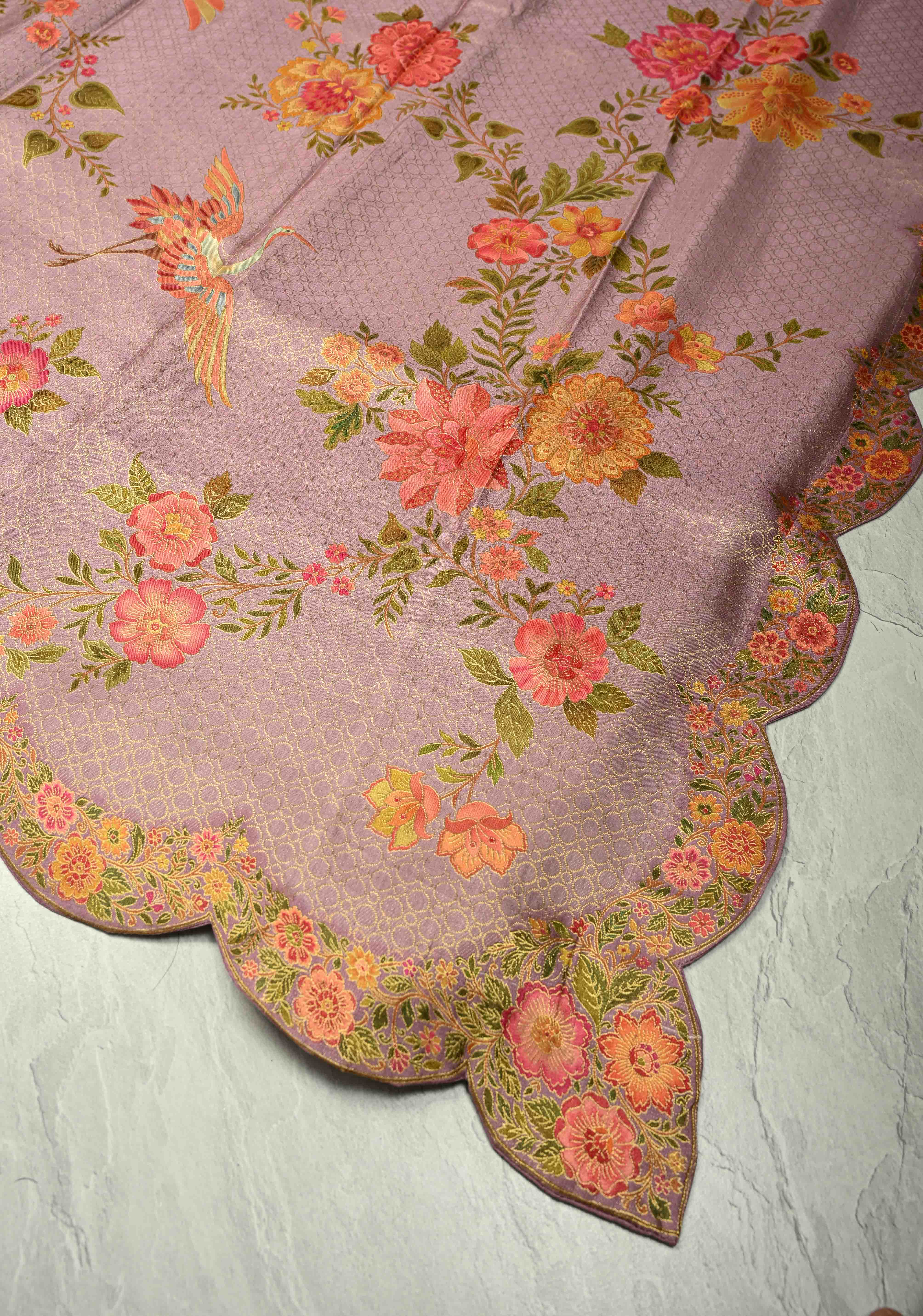 Brocade on Vegan Silk Saree in Pastel Lavender with Floral-Birds design and Scallop border | Shobitam