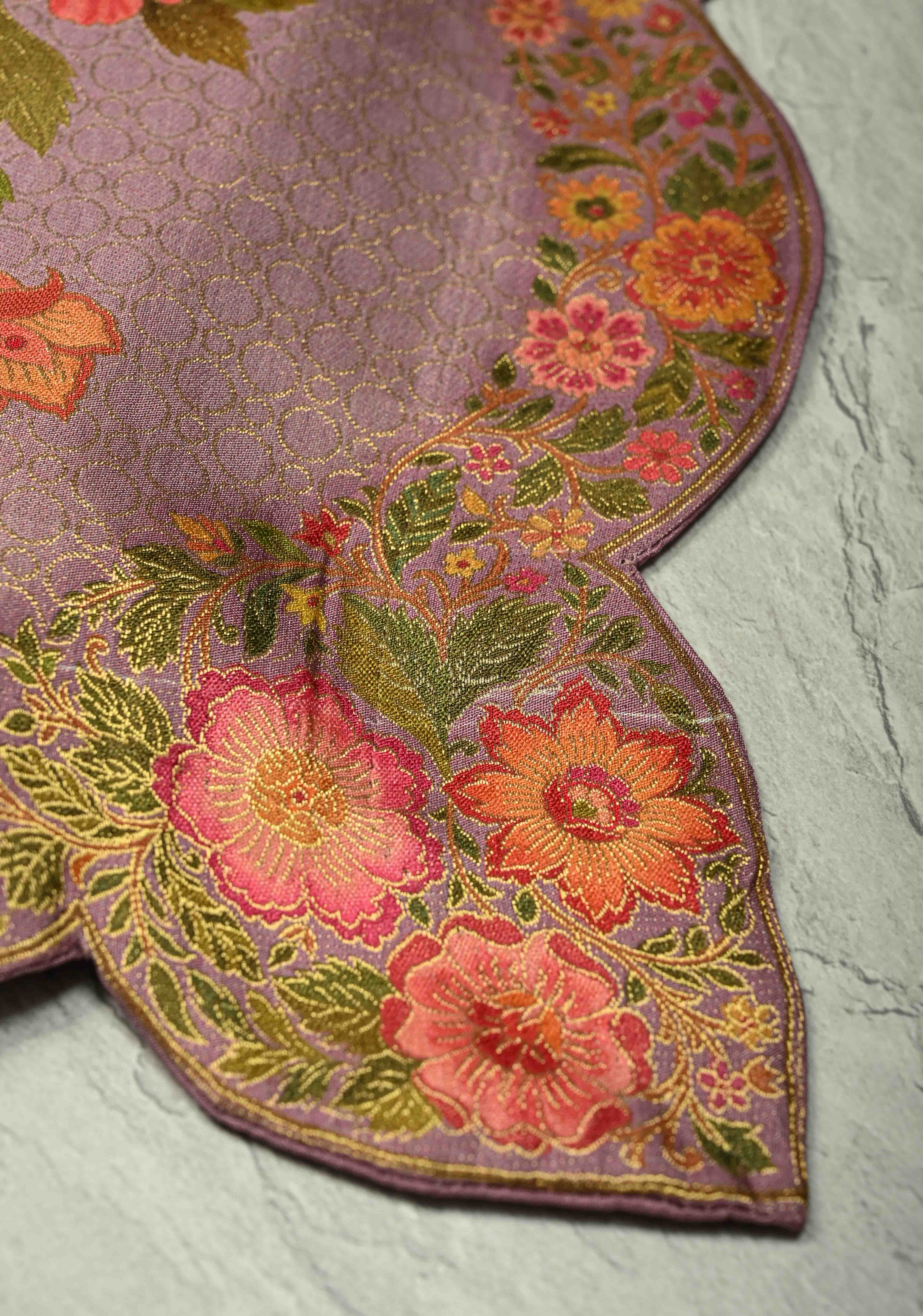 Brocade on Vegan Silk Saree in Pastel Lavender with Floral-Birds design and Scallop border | Shobitam