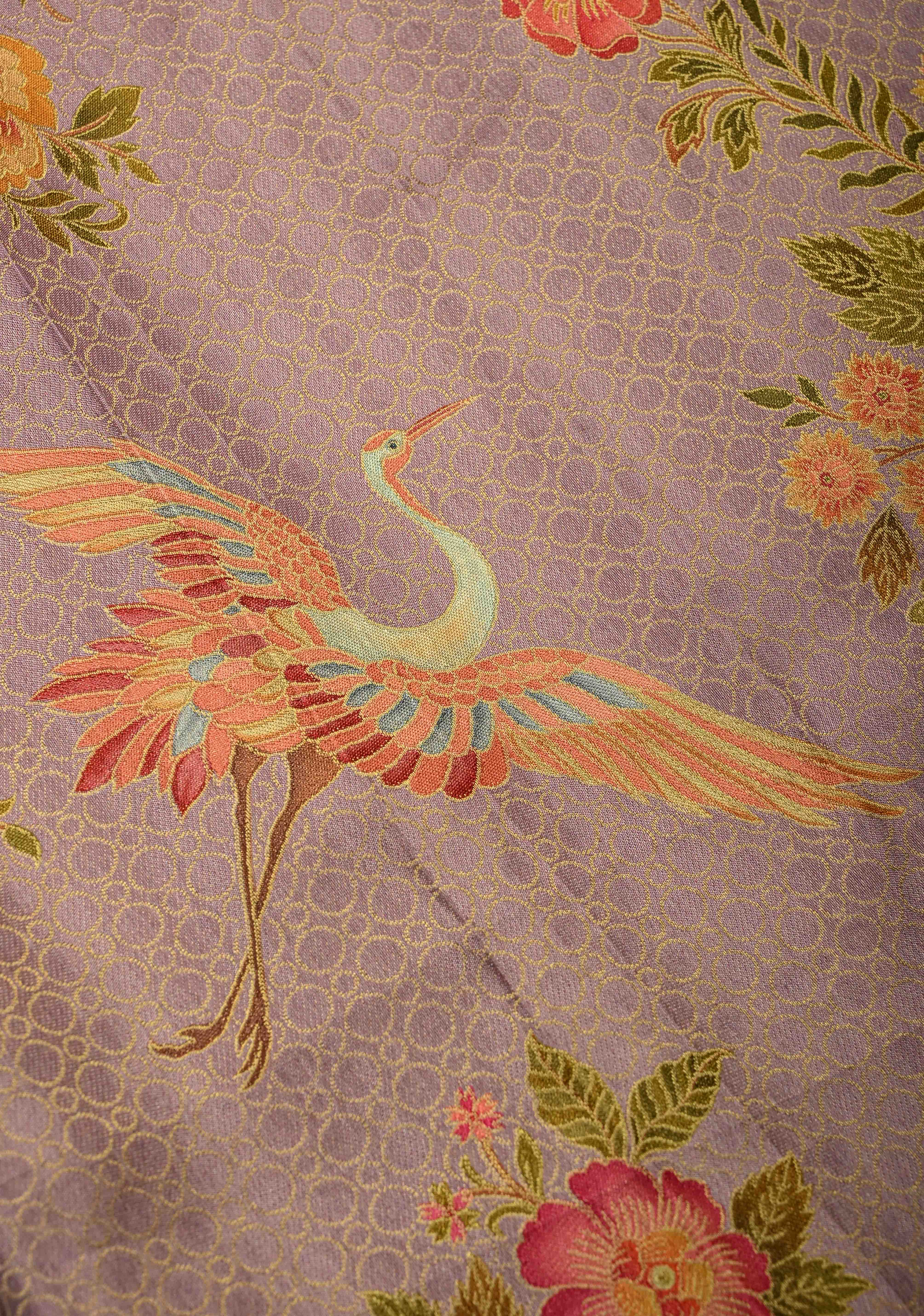 Brocade on Vegan Silk Saree in Pastel Lavender with Floral-Birds design and Scallop border | Shobitam