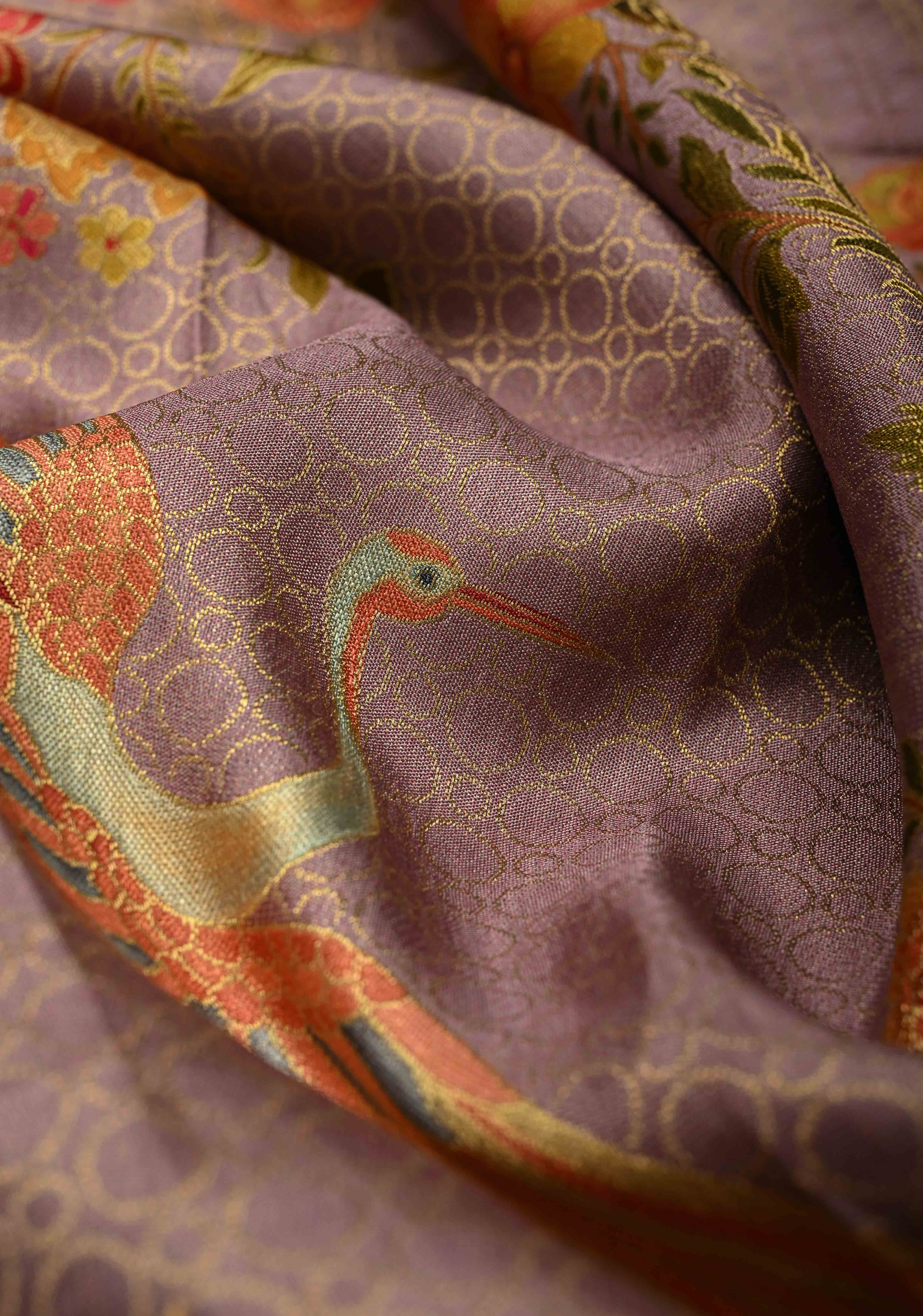 Brocade on Vegan Silk Saree in Pastel Lavender with Floral-Birds design and Scallop border | Shobitam