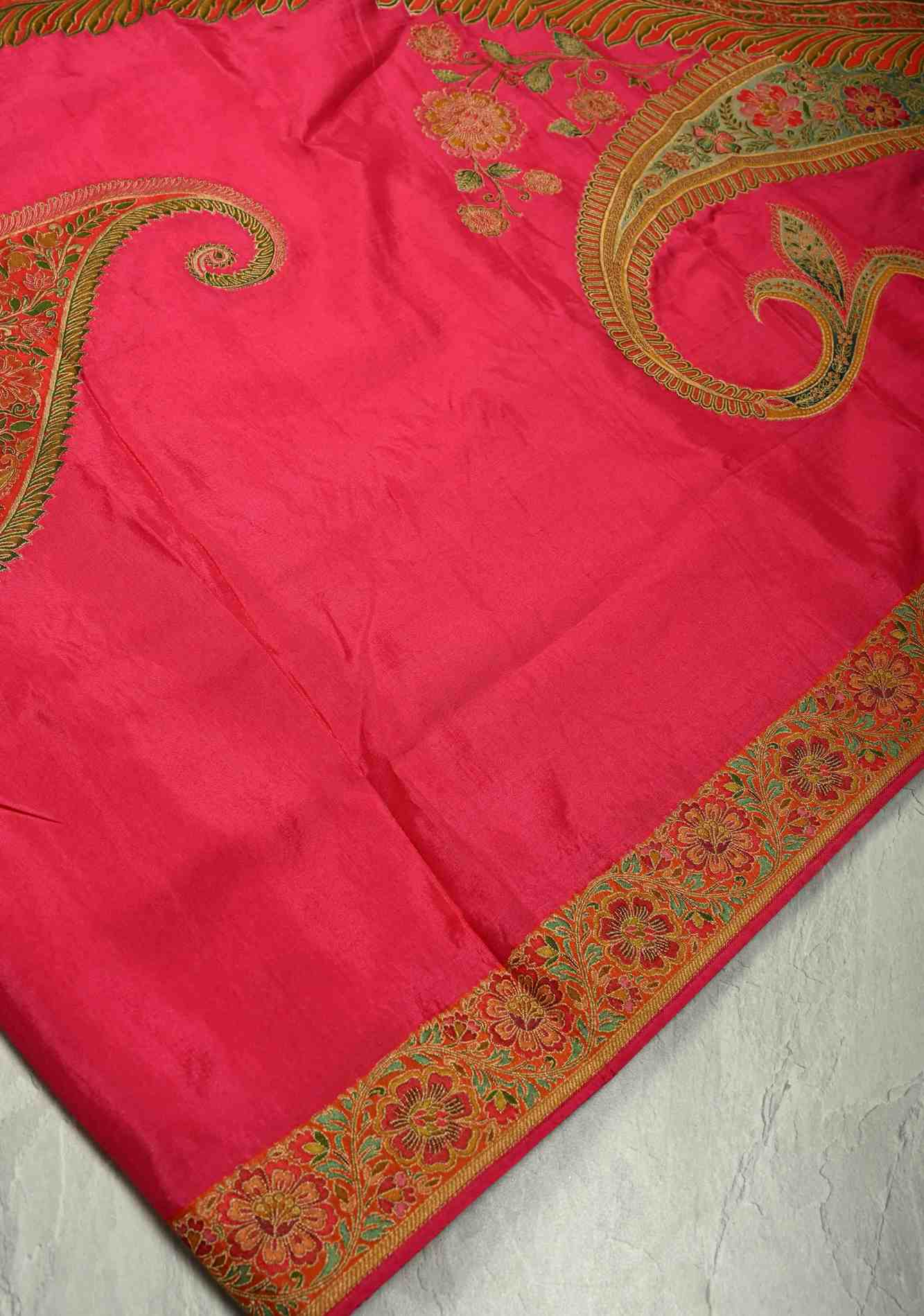 Vegan Soft Silk predraped Saree with paisley motifs in Bright Pink and border Ready to Wear Saree