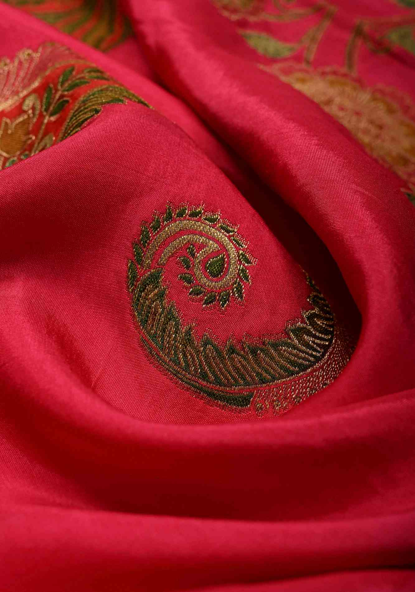 Vegan Soft Silk predraped Saree with paisley motifs in Bright Pink and border Ready to Wear Saree