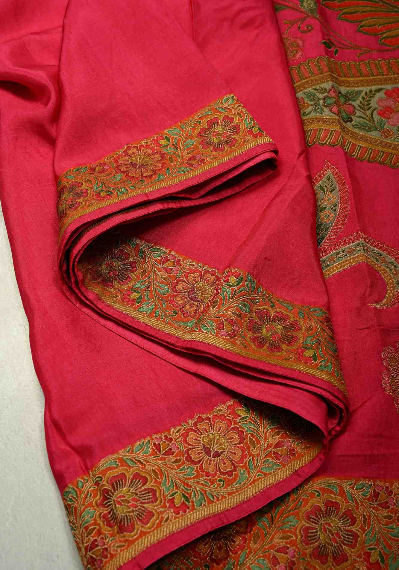 Vegan Soft Silk predraped Saree with paisley motifs in Bright Pink and border Ready to Wear Saree