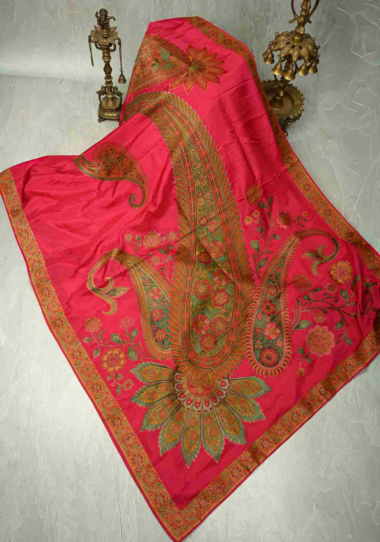 Vegan Soft Silk predraped Saree with paisley motifs in Bright Pink and border Ready to Wear Saree