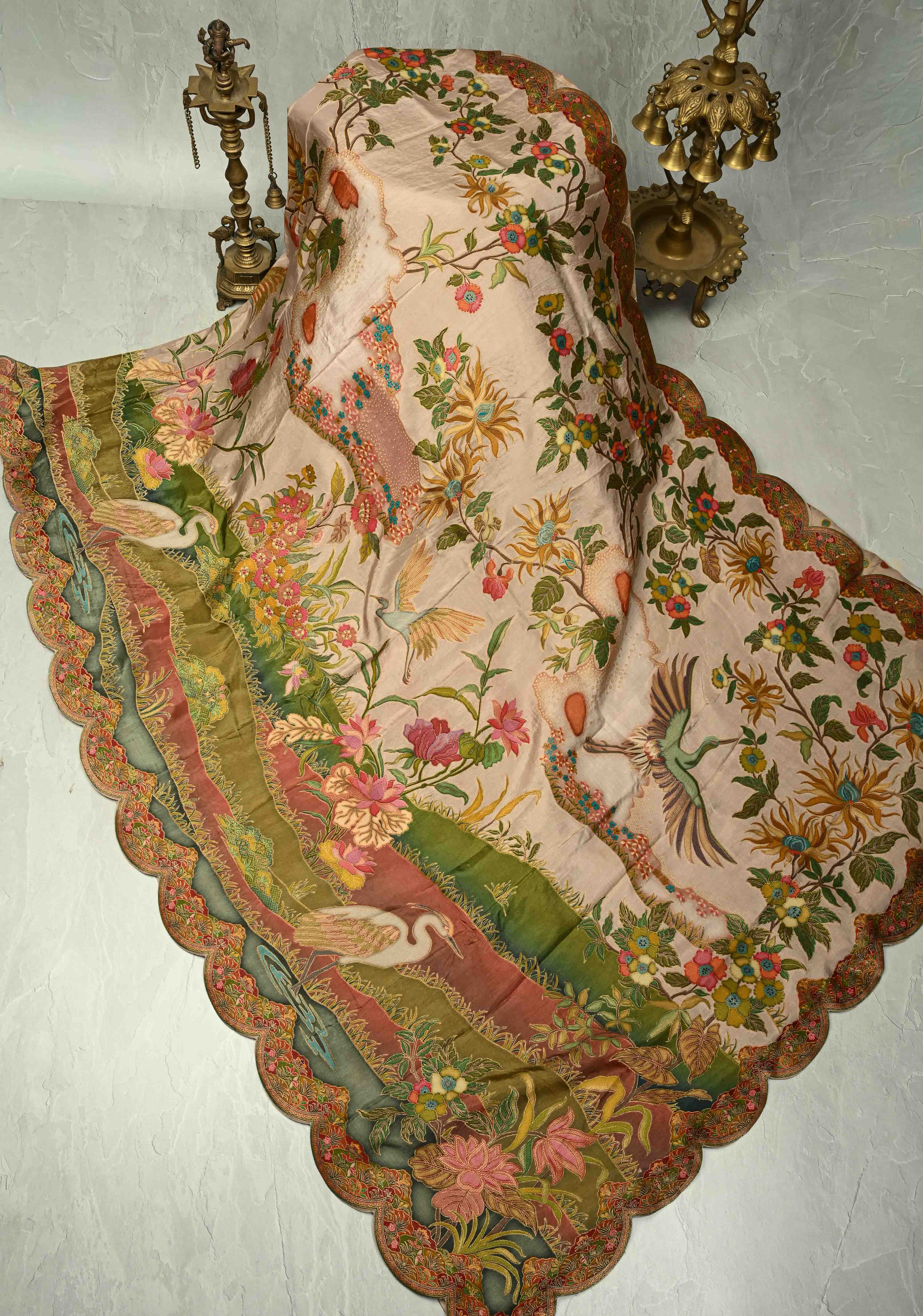 Vegan Soft Silk Saree with Floral Brocade and Crane Motifs in Light Brown with Scallop Border