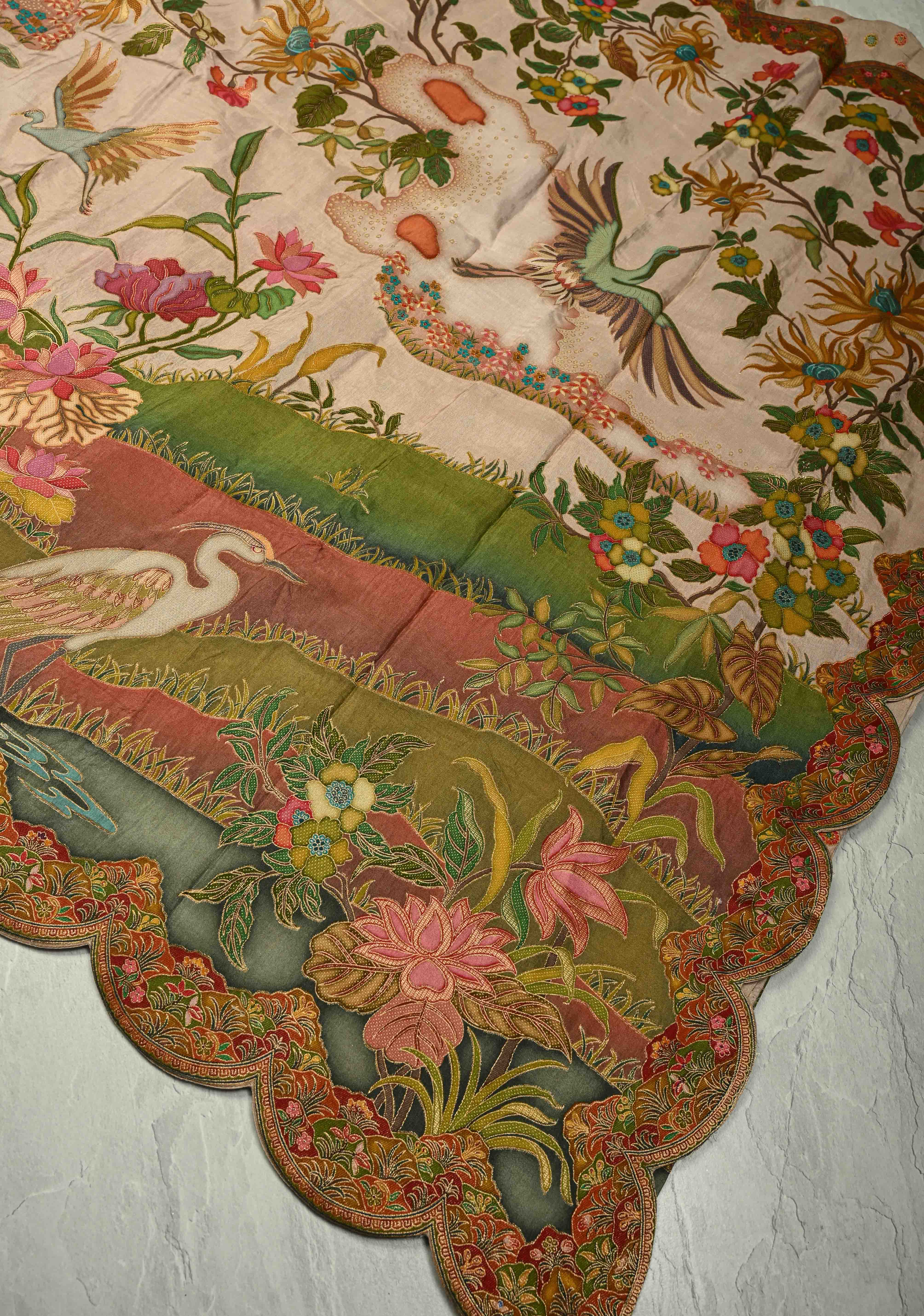 Vegan Soft Silk Saree with Floral Brocade and Crane Motifs in Light Brown with Scallop Border