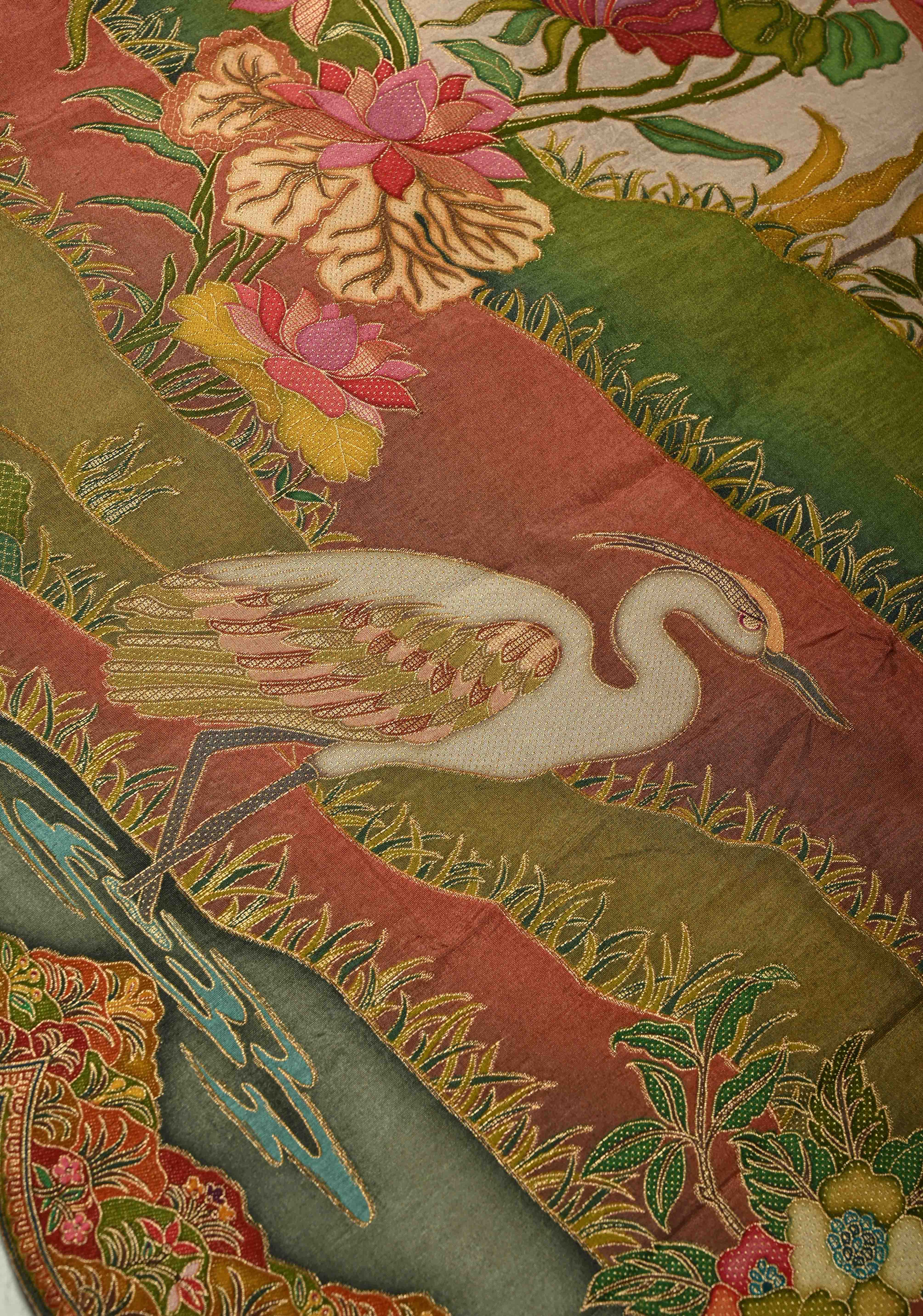 Vegan Soft Silk Saree with Floral Brocade and Crane Motifs in Light Brown with Scallop Border