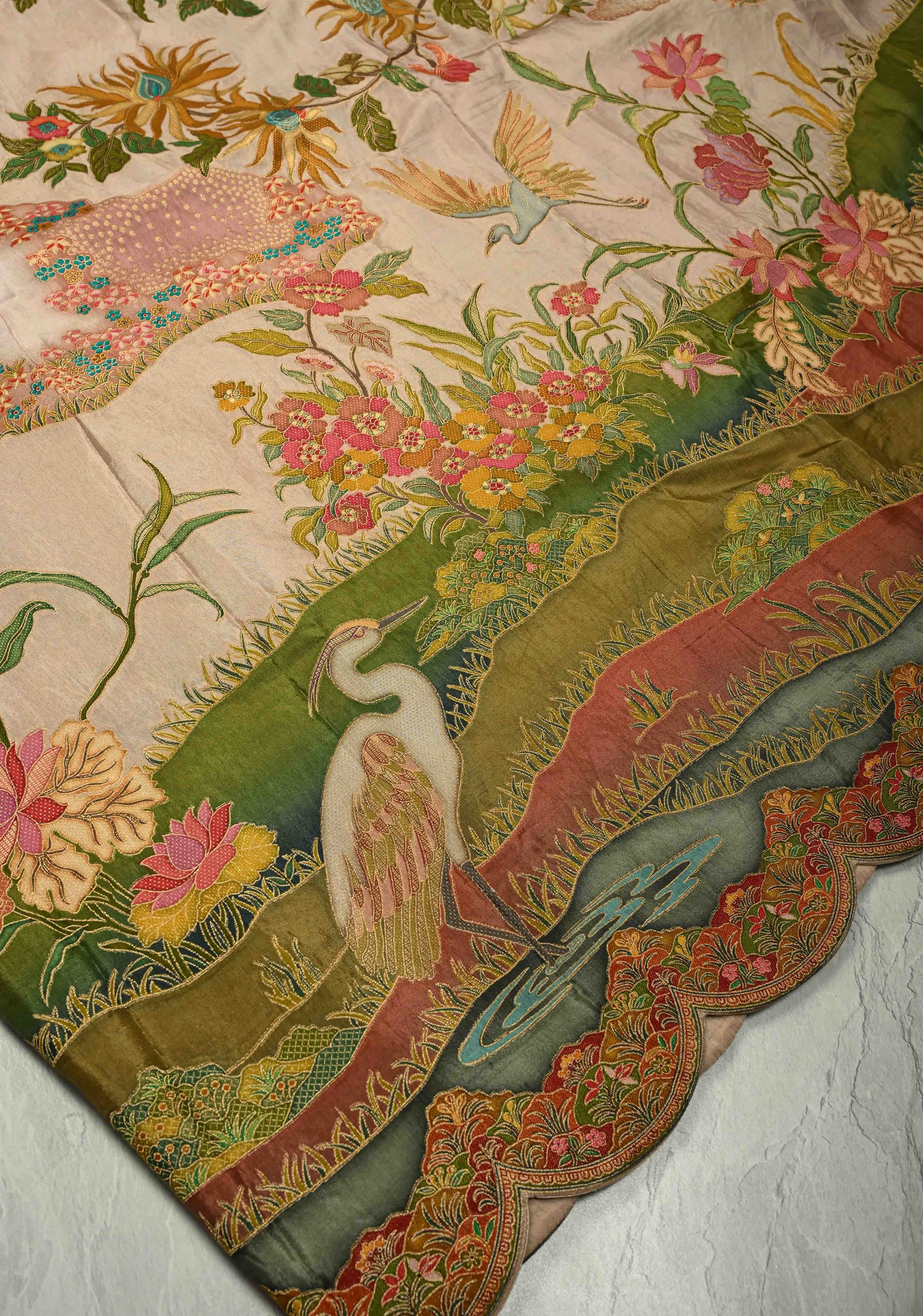 Vegan Soft Silk Saree with Floral Brocade and Crane Motifs in Light Brown with Scallop Border