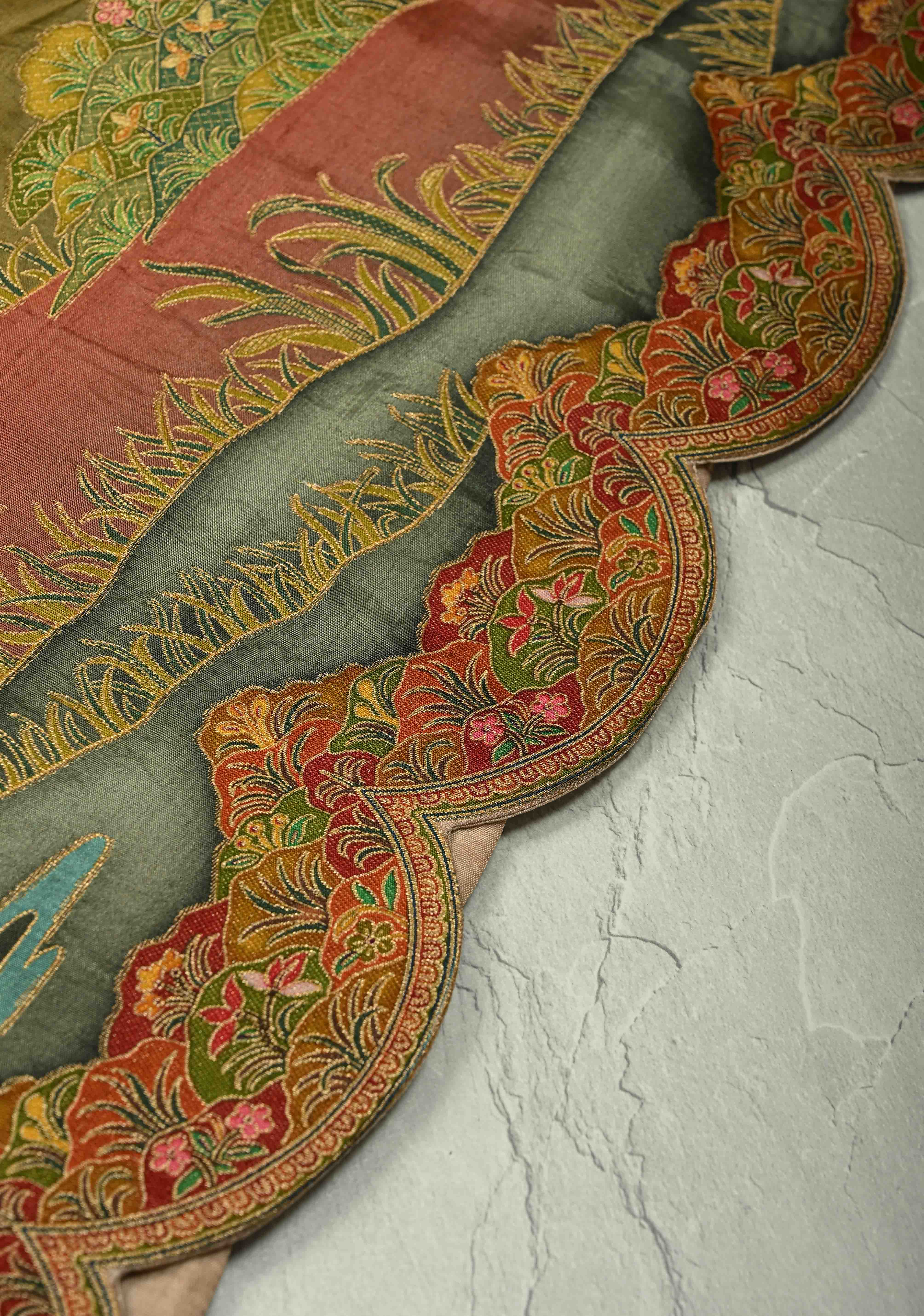 Vegan Soft Silk Saree with Floral Brocade and Crane Motifs in Light Brown with Scallop Border