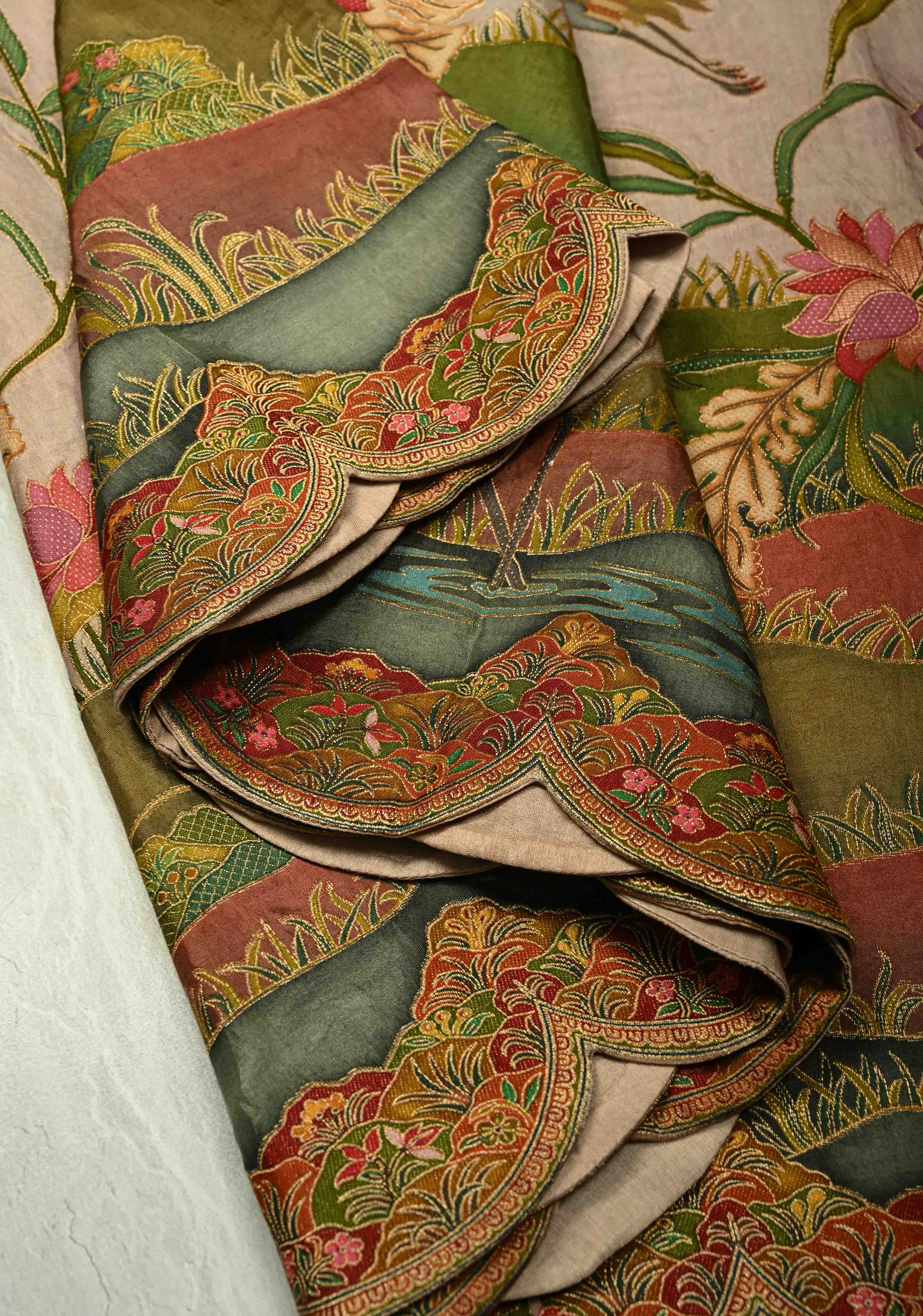 Vegan Soft Silk Saree with Floral Brocade and Crane Motifs in Light Brown with Scallop Border