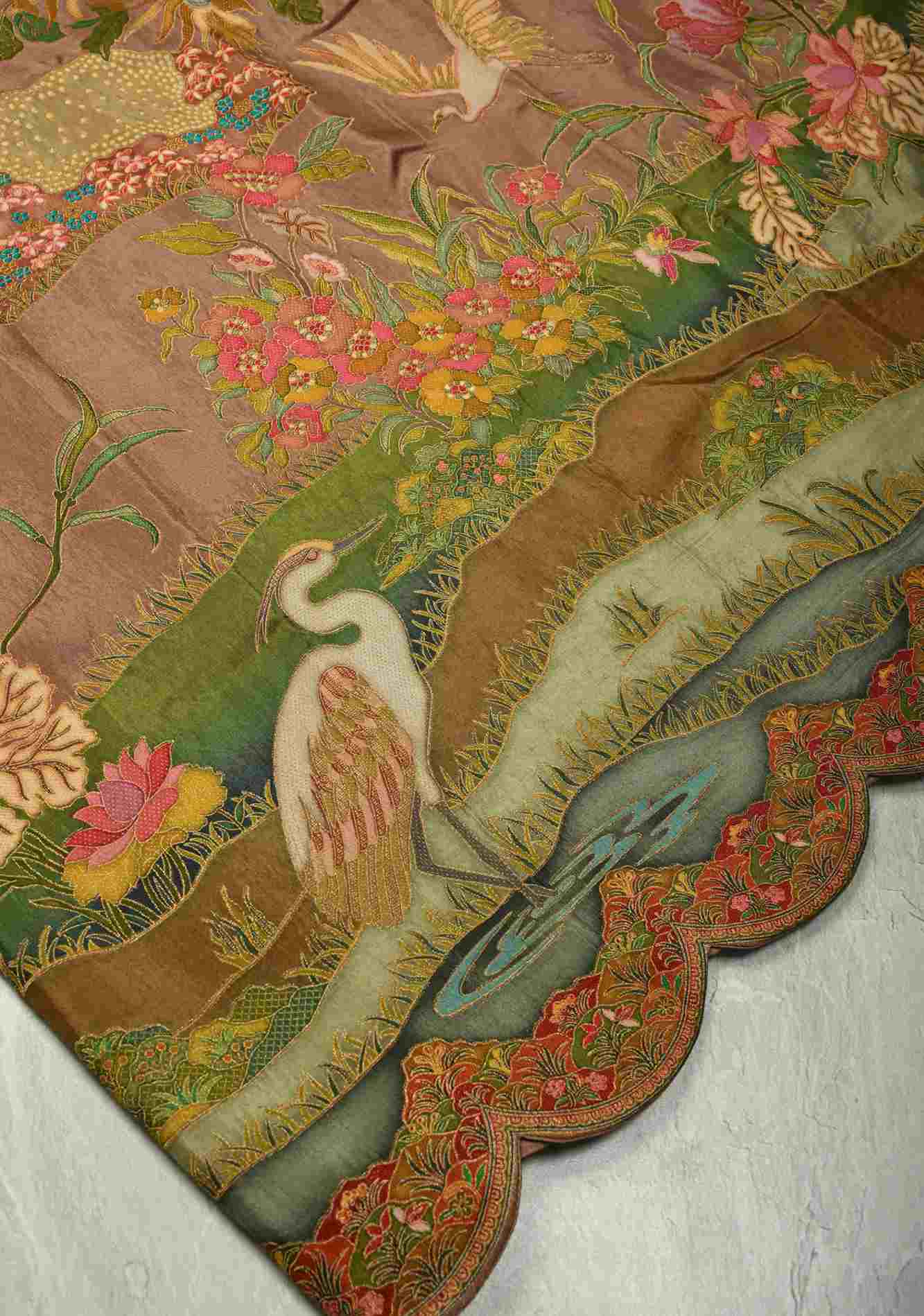 Vegan Soft Silk ready to wear Saree with Floral Brocade and Crane Motifs in Dusty Rose with Scallop border