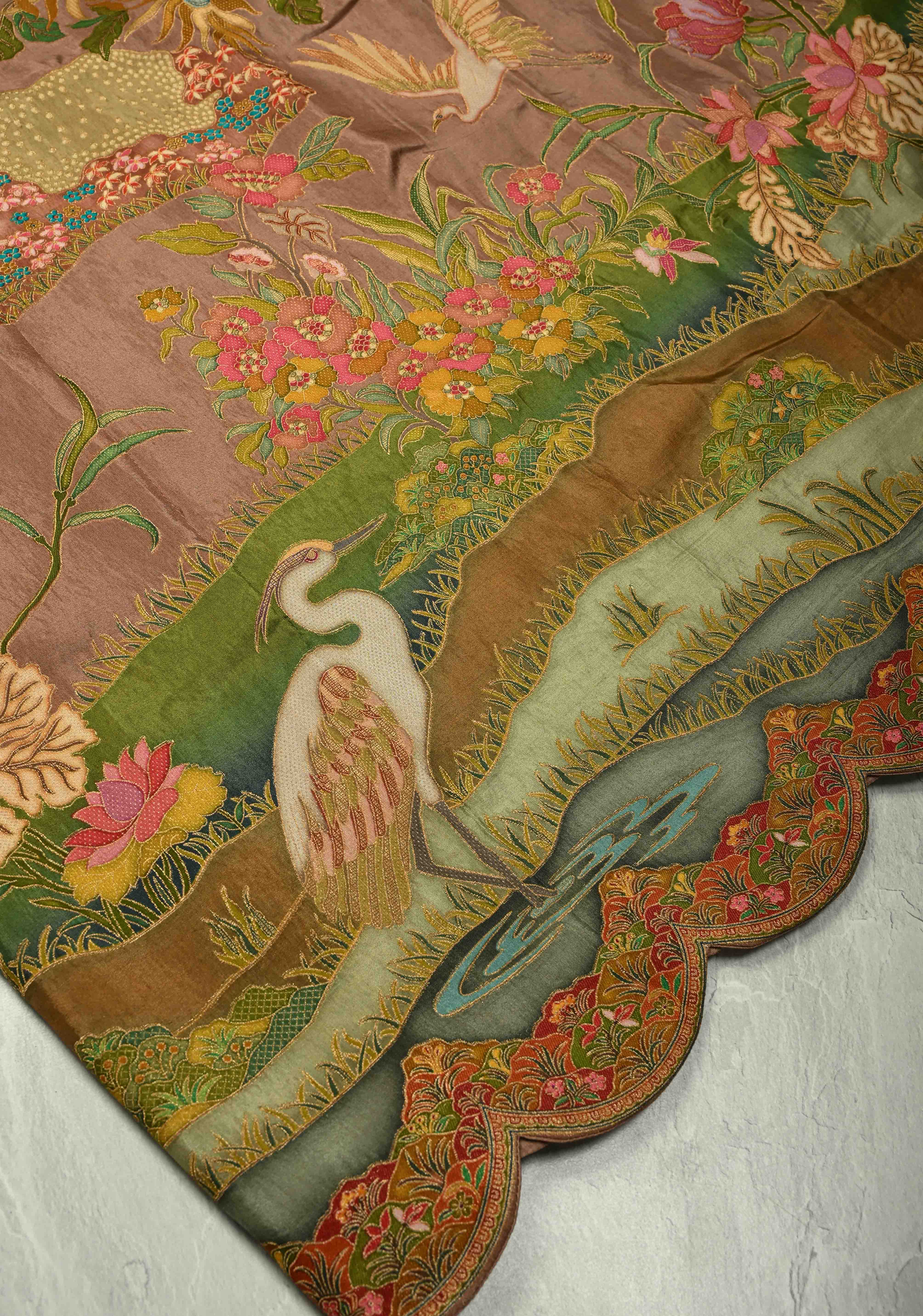 Vegan Soft Silk Saree with Floral Brocade and Crane Motifs in Dusty Rose with Scallop border | Shobitam