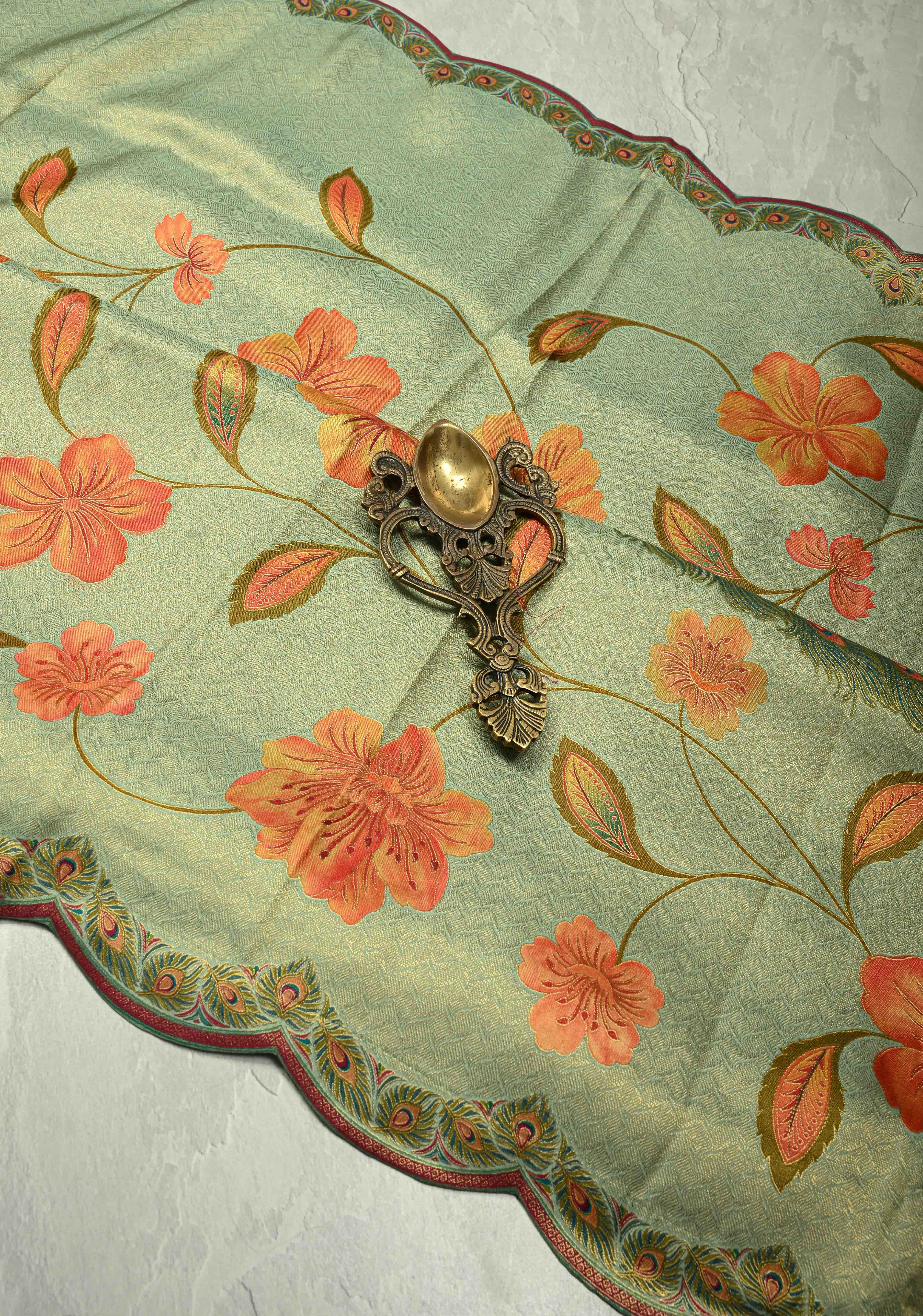Vegan Silk Saree in Mint Green with Floral Jaal and Scallop Border | Shobitam