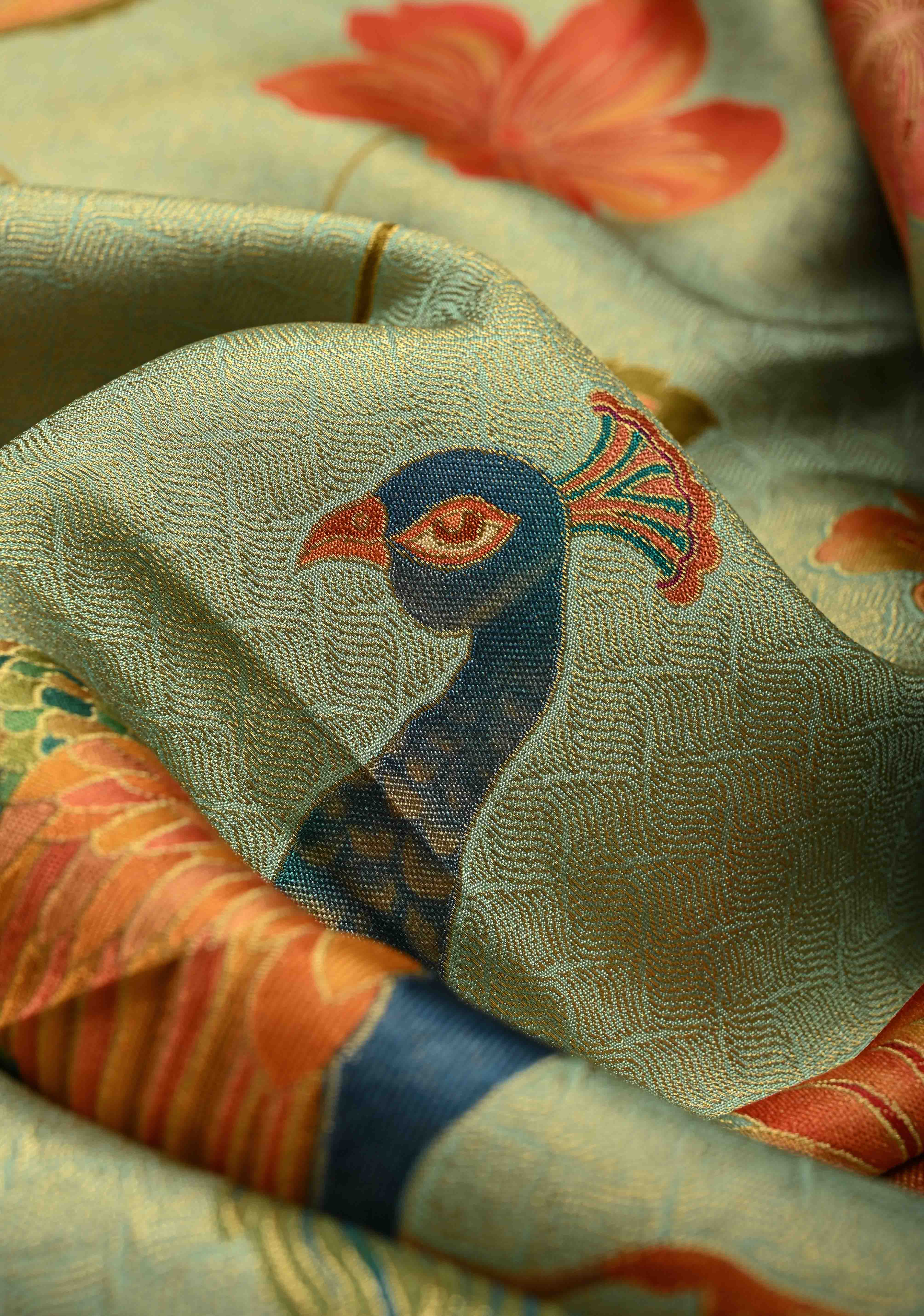 Vegan Silk Saree in Mint Green with Floral Jaal and Scallop Border | Shobitam