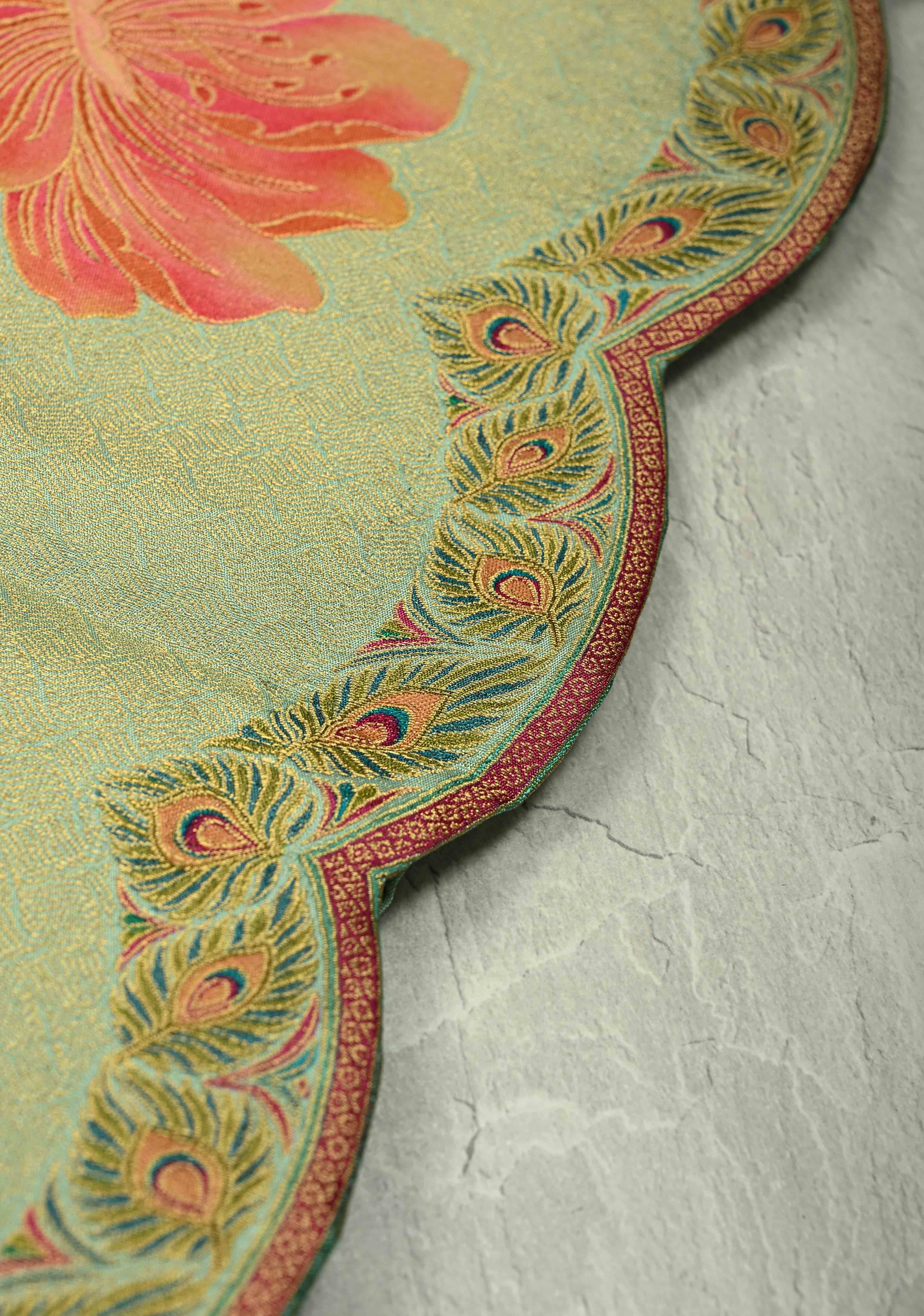 Vegan Silk Saree in Mint Green with Floral Jaal and Scallop Border | Shobitam