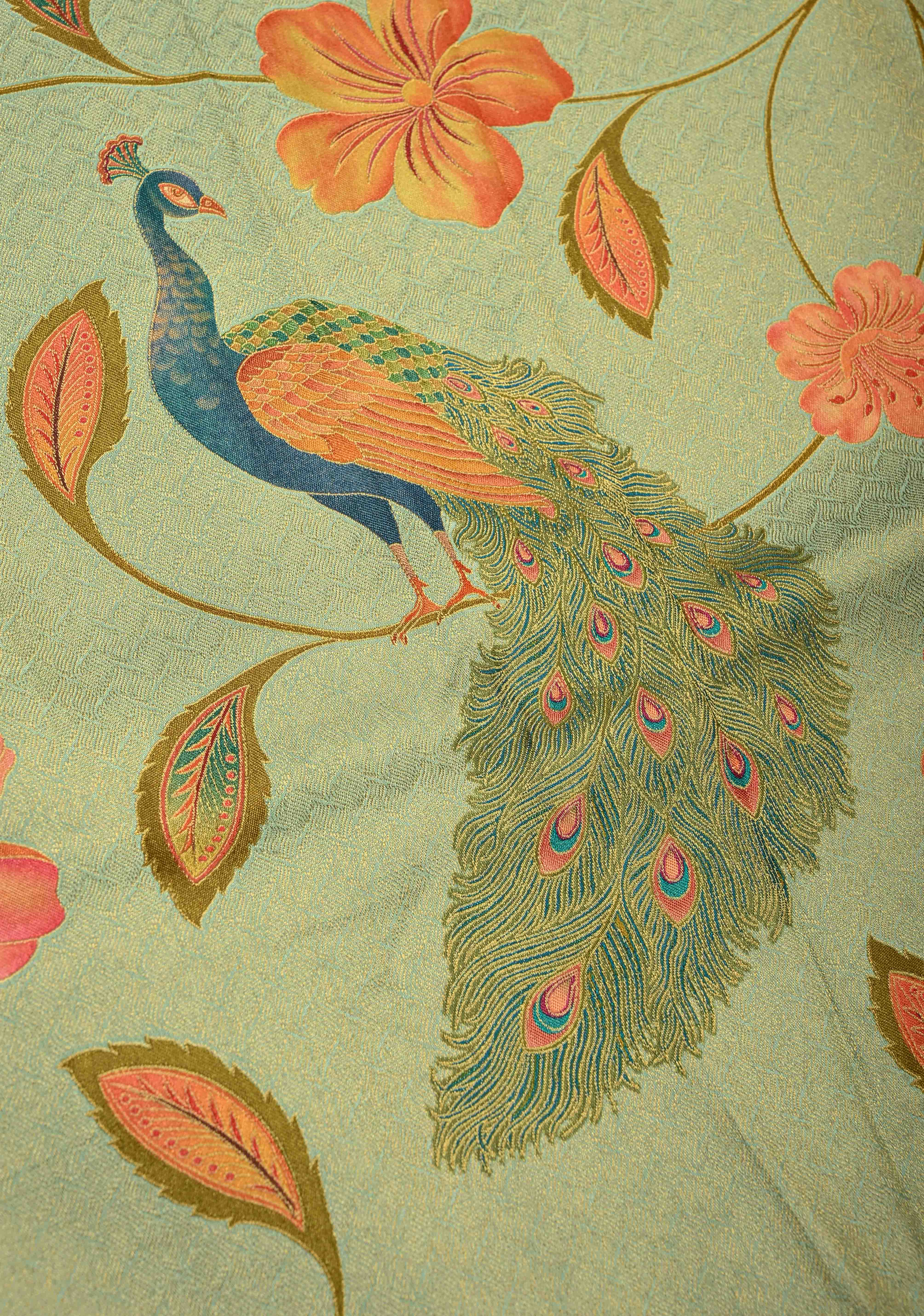 Vegan Silk Saree in Mint Green with Floral Jaal and Scallop Border | Shobitam