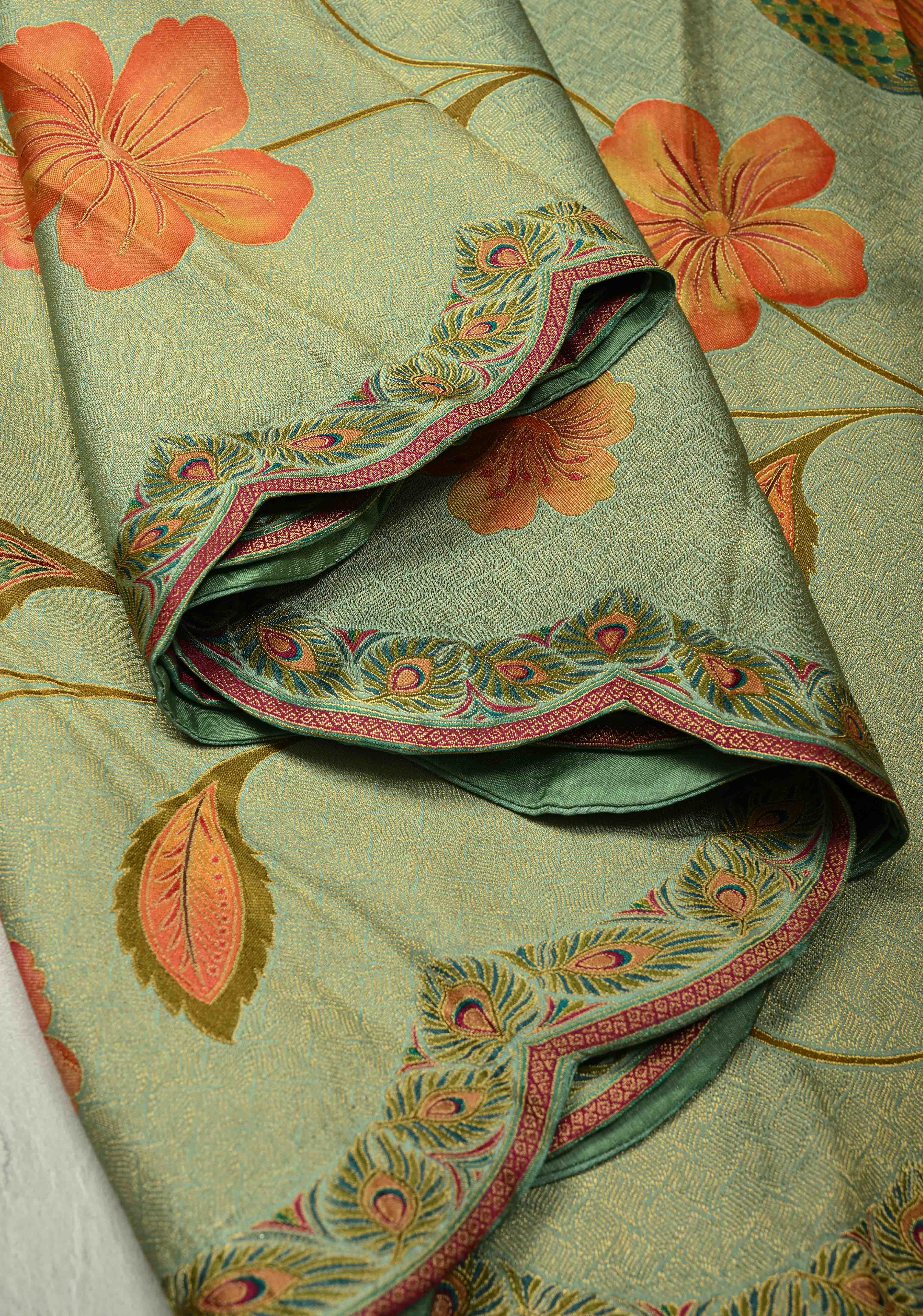 Vegan Silk Saree in Mint Green with Floral Jaal and Scallop Border | Shobitam