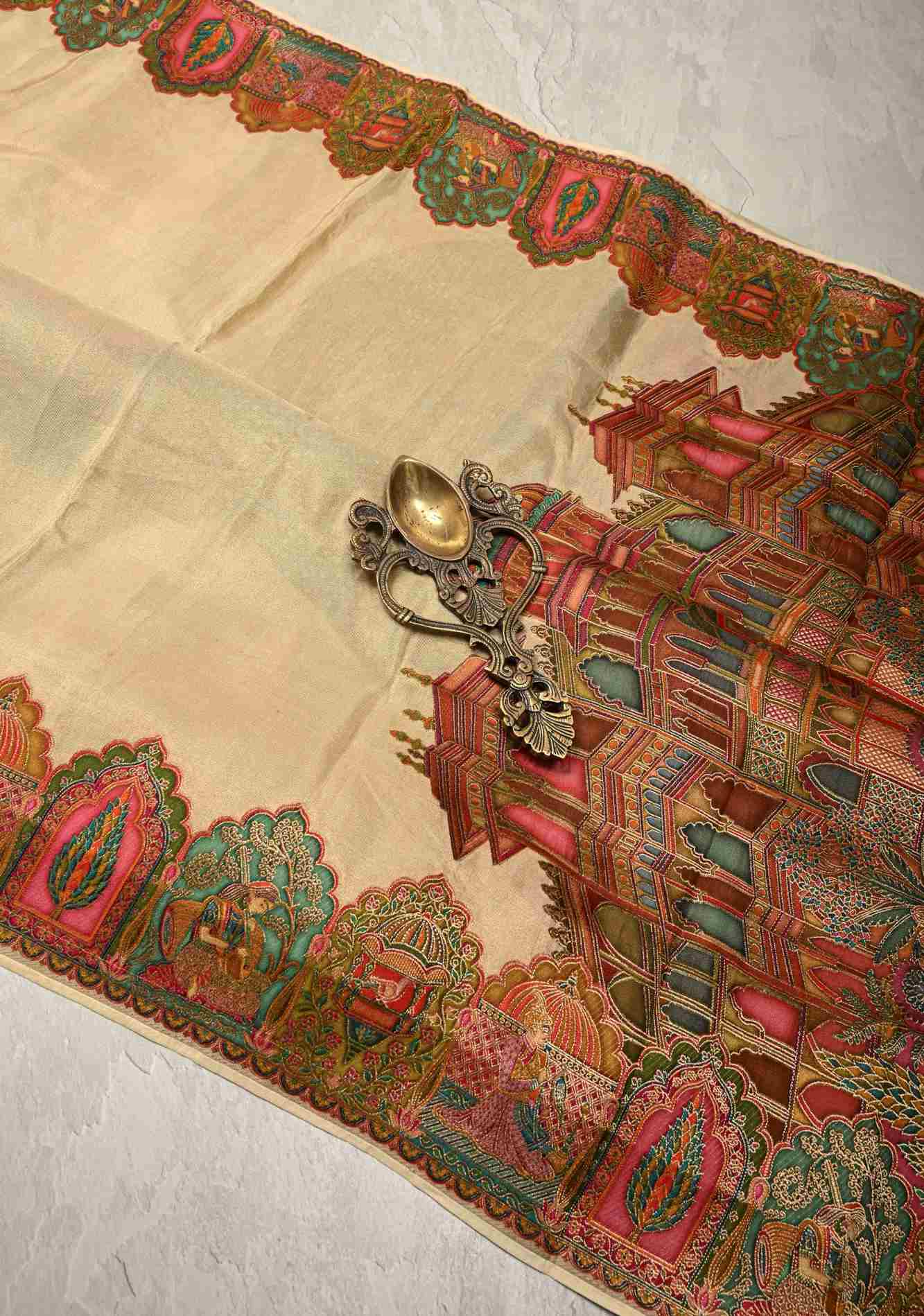 Beige Vegan Viscose Shimmer Tissue ready to wear Saree with Intricately Embroidery Border Ready to Wear Saree