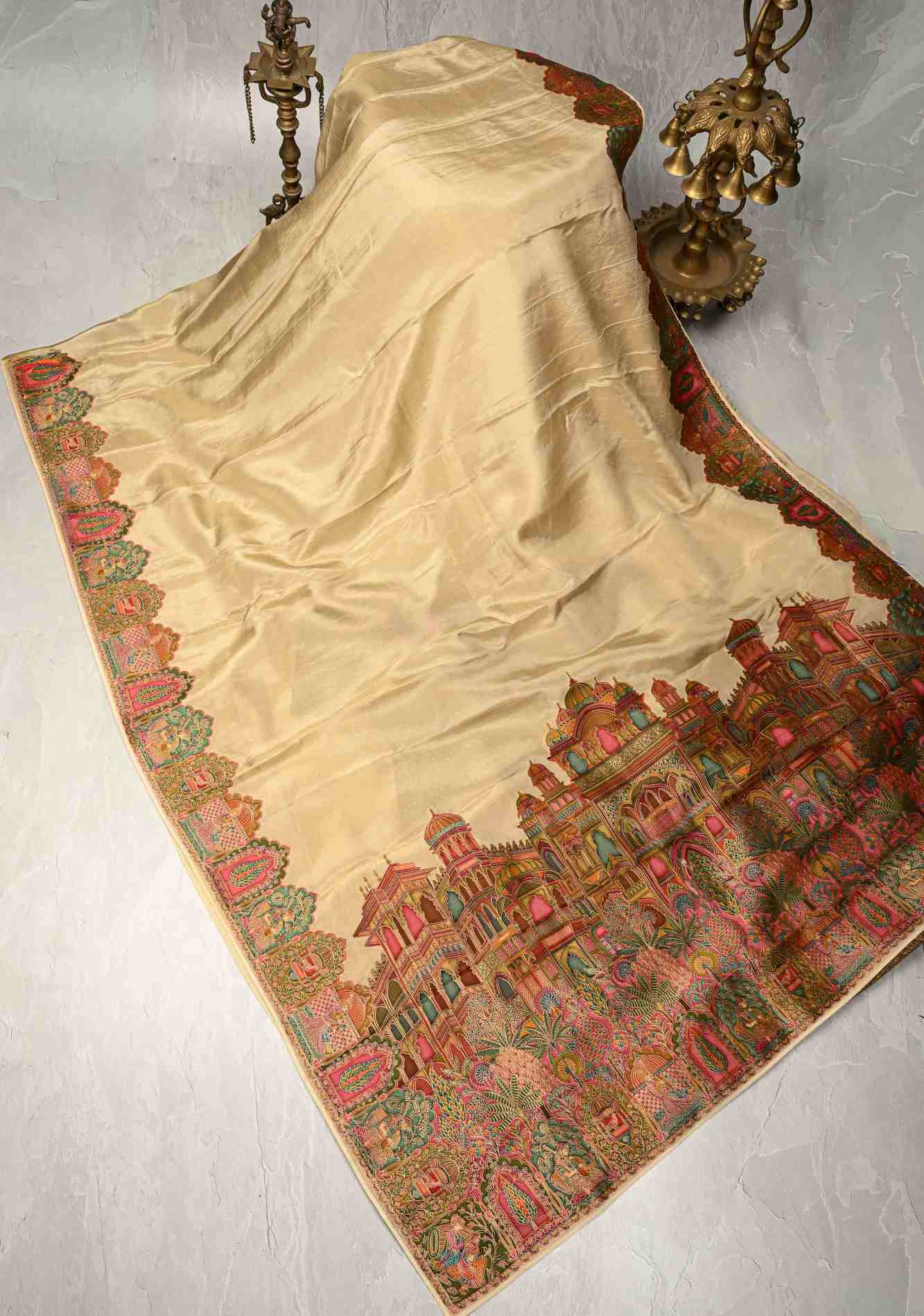 Beige Vegan Viscose Shimmer Tissue ready to wear Saree with Intricately Embroidery Border Ready to Wear Saree