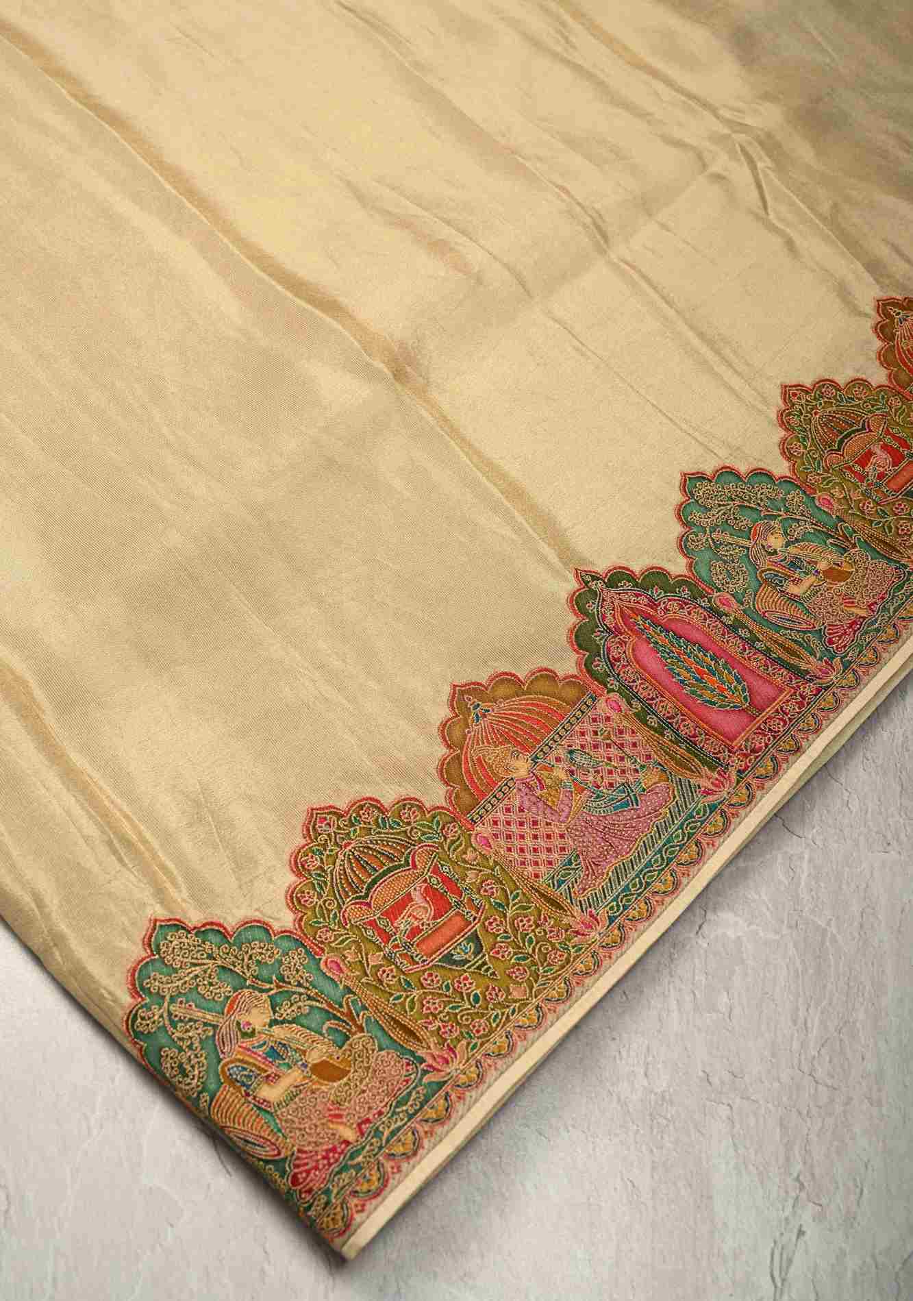 Beige Vegan Viscose Shimmer Tissue ready to wear Saree with Intricately Embroidery Border Ready to Wear Saree