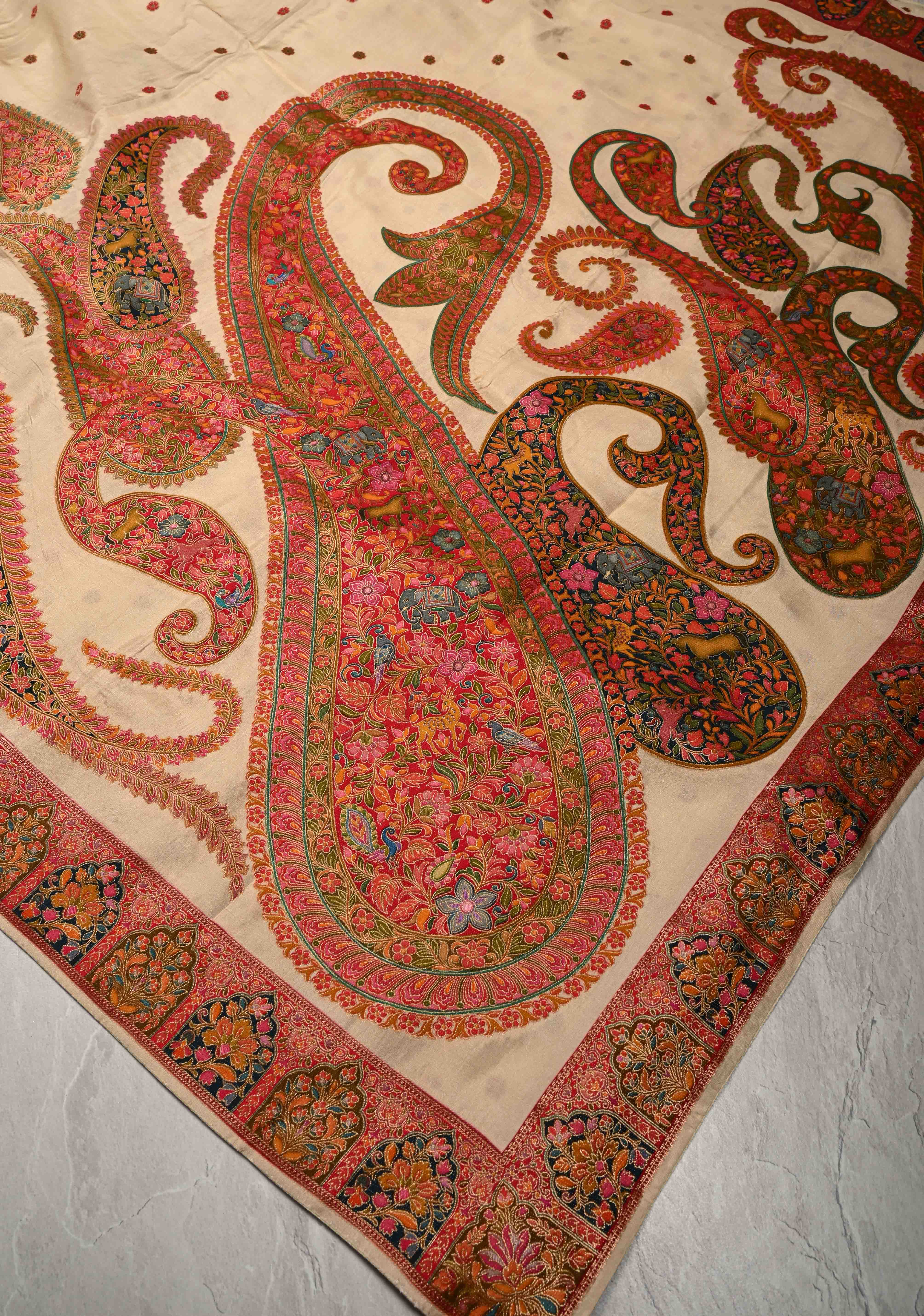 Cream Vegan Viscose Silk Saree with Meenakari Kashmiri Style Kani Design and Border | Shobitam