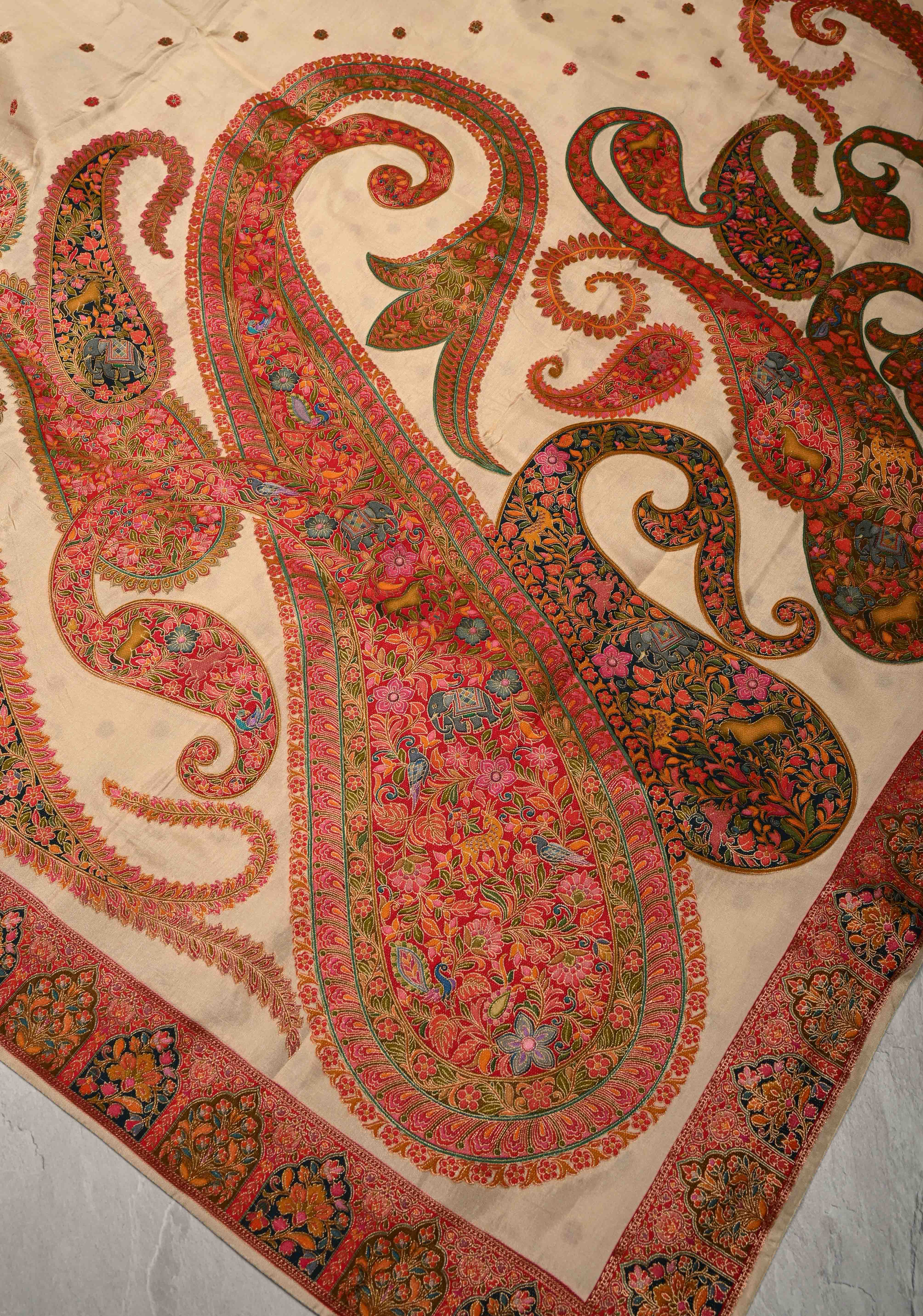 Cream Vegan Viscose Silk Saree with Meenakari Kashmiri Style Kani Design and Border | Shobitam
