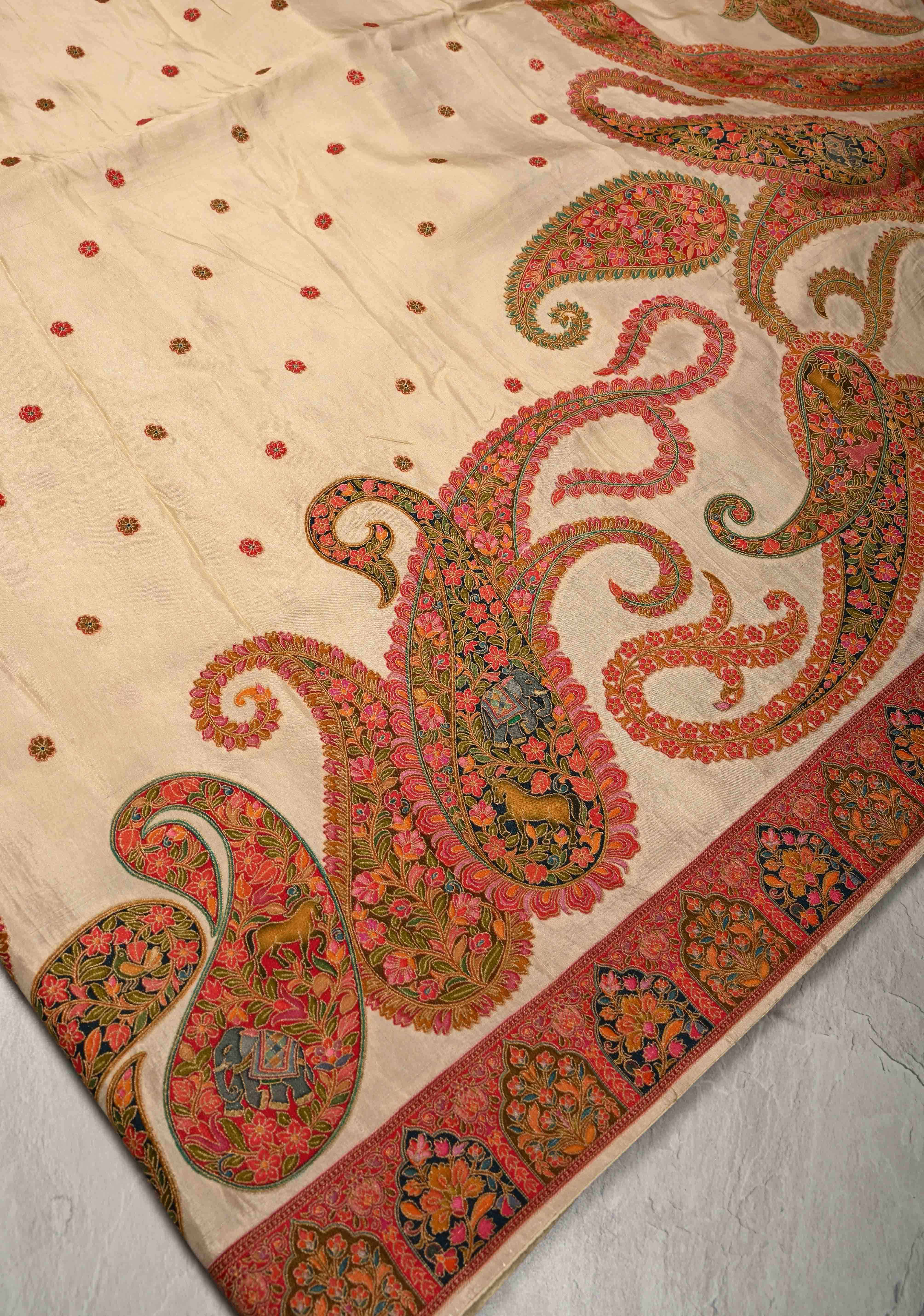 Cream Vegan Viscose Silk Saree with Meenakari Kashmiri Style Kani Design and Border | Shobitam